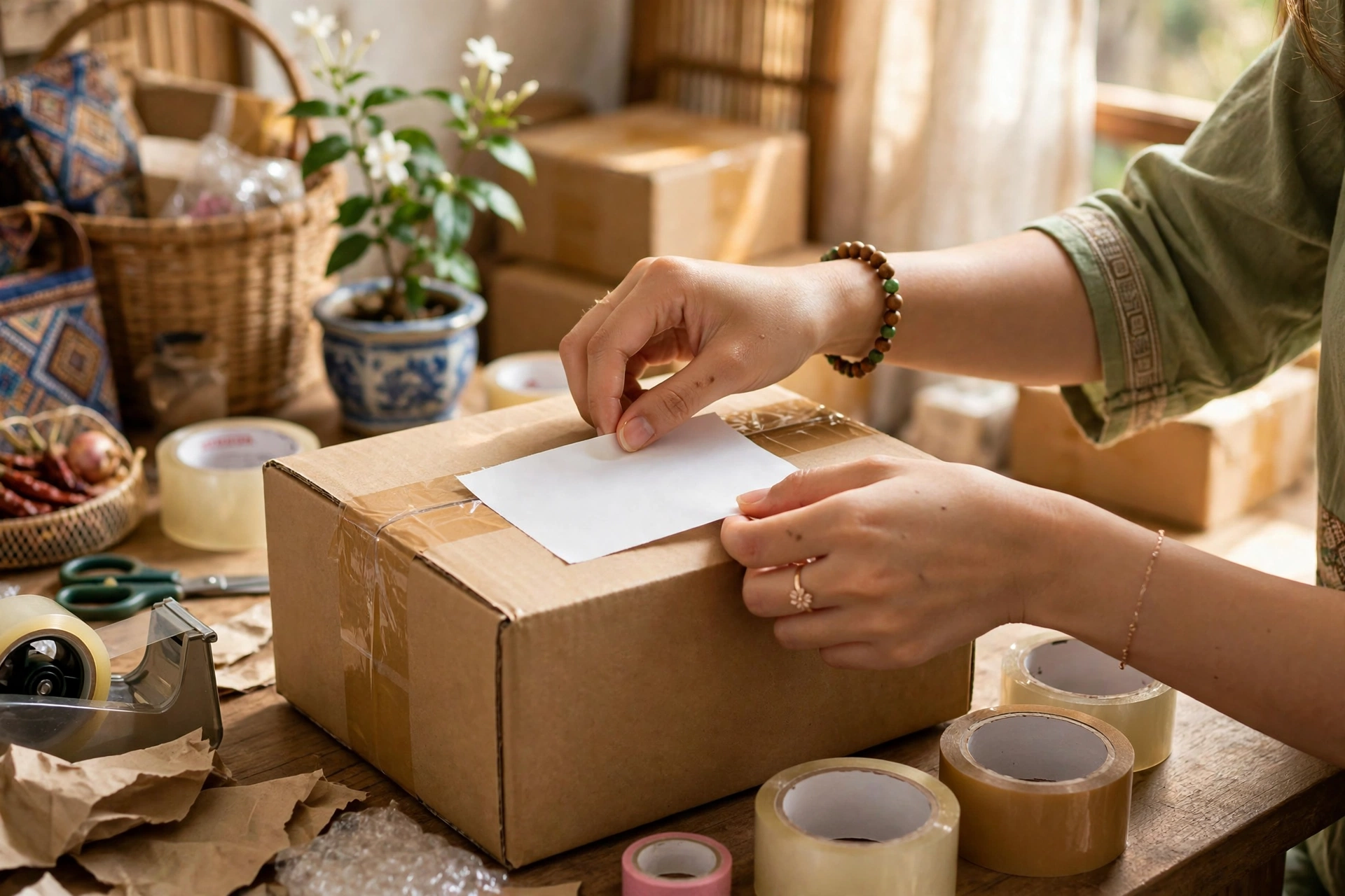 Chủ shop dán nhãn vận đơn lên kiện hàng đã đóng gói cẩn thận