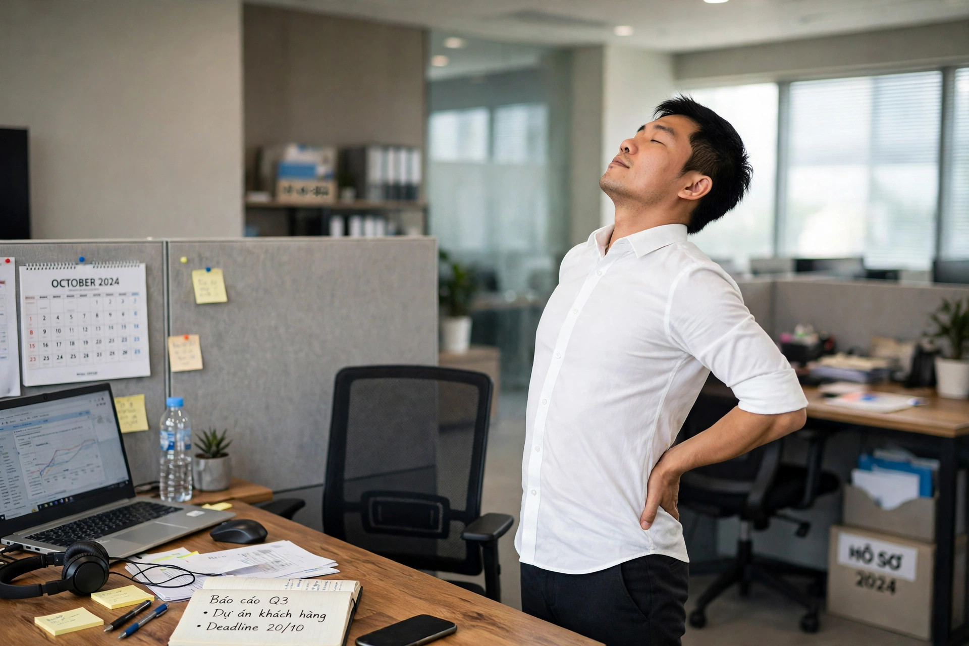 Nhân viên văn phòng đứng cạnh bàn làm việc ngả lưng giãn cơ