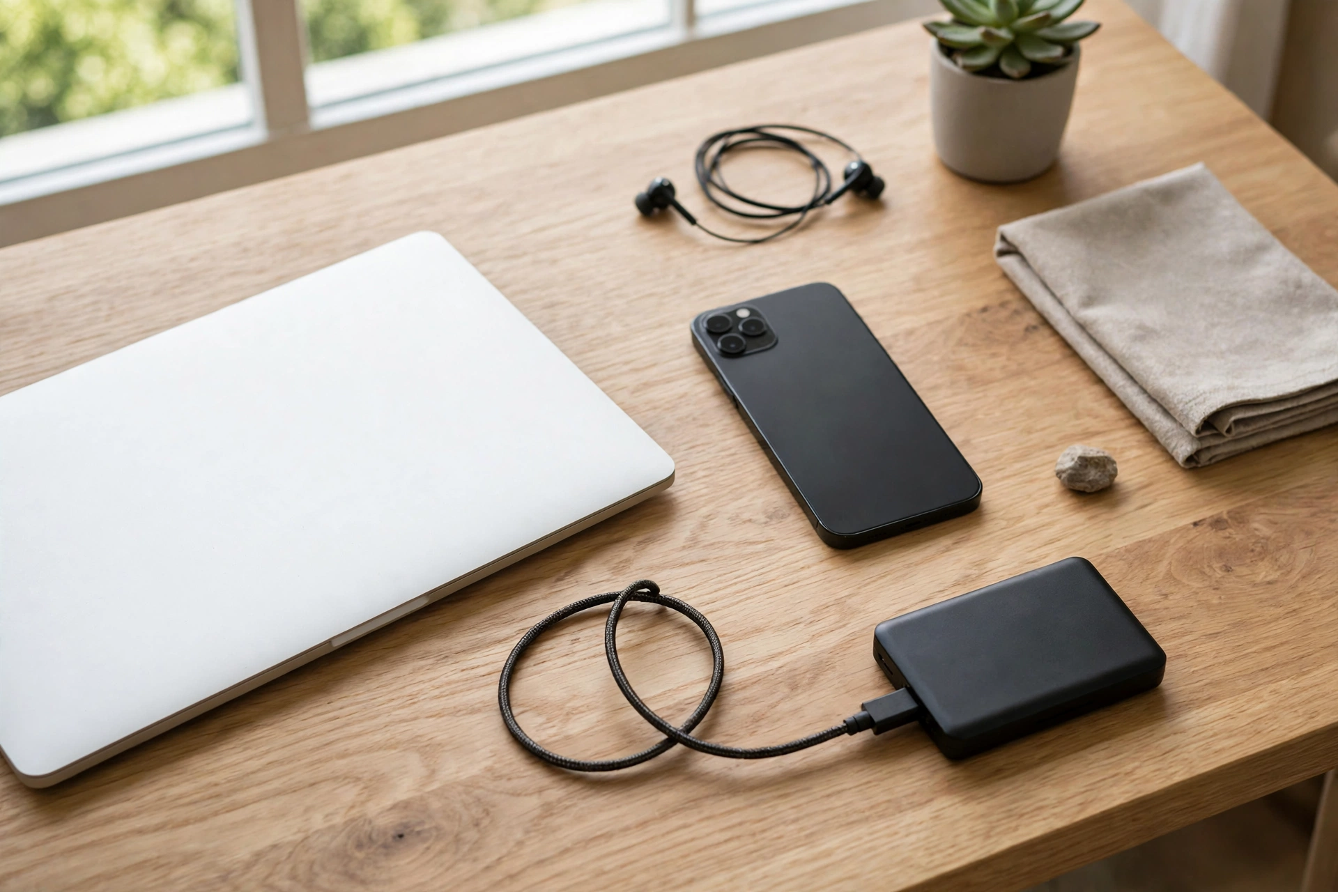Bàn làm việc gọn gàng với laptop, điện thoại và ổ cứng ngoài đang sao lưu