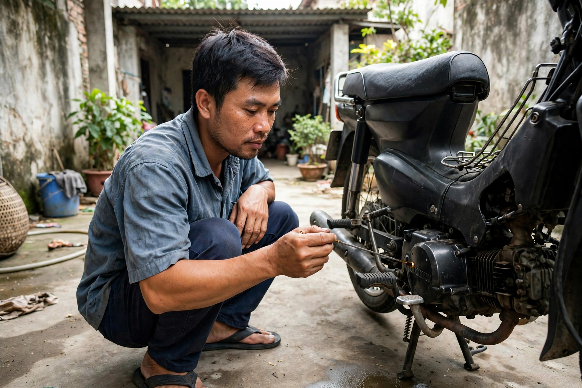 Người đàn ông kiểm tra que thăm nhớt động cơ xe máy tại sân nhà