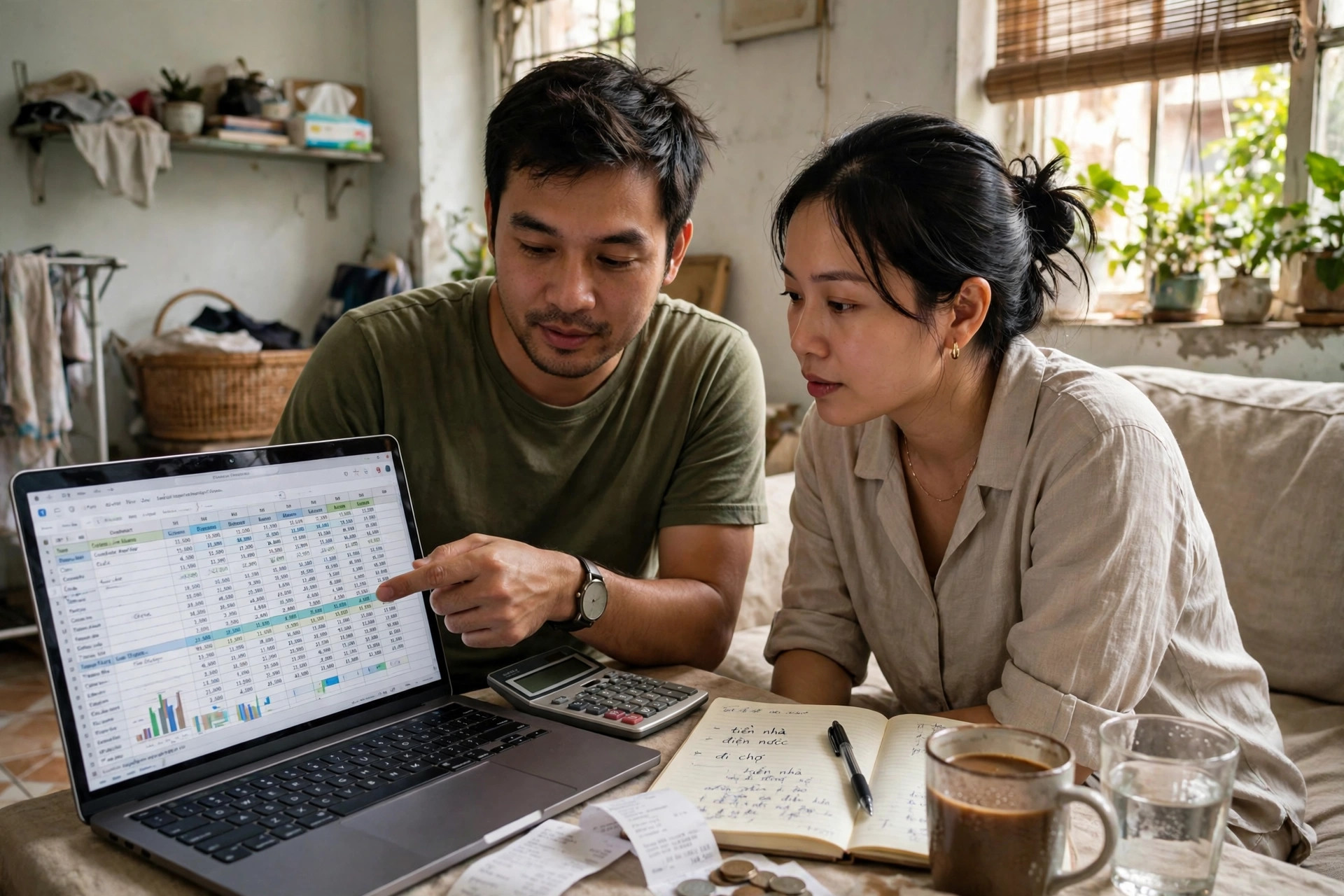 Vợ chồng trẻ cùng xem bảng tính chi tiêu gia đình trên laptop
