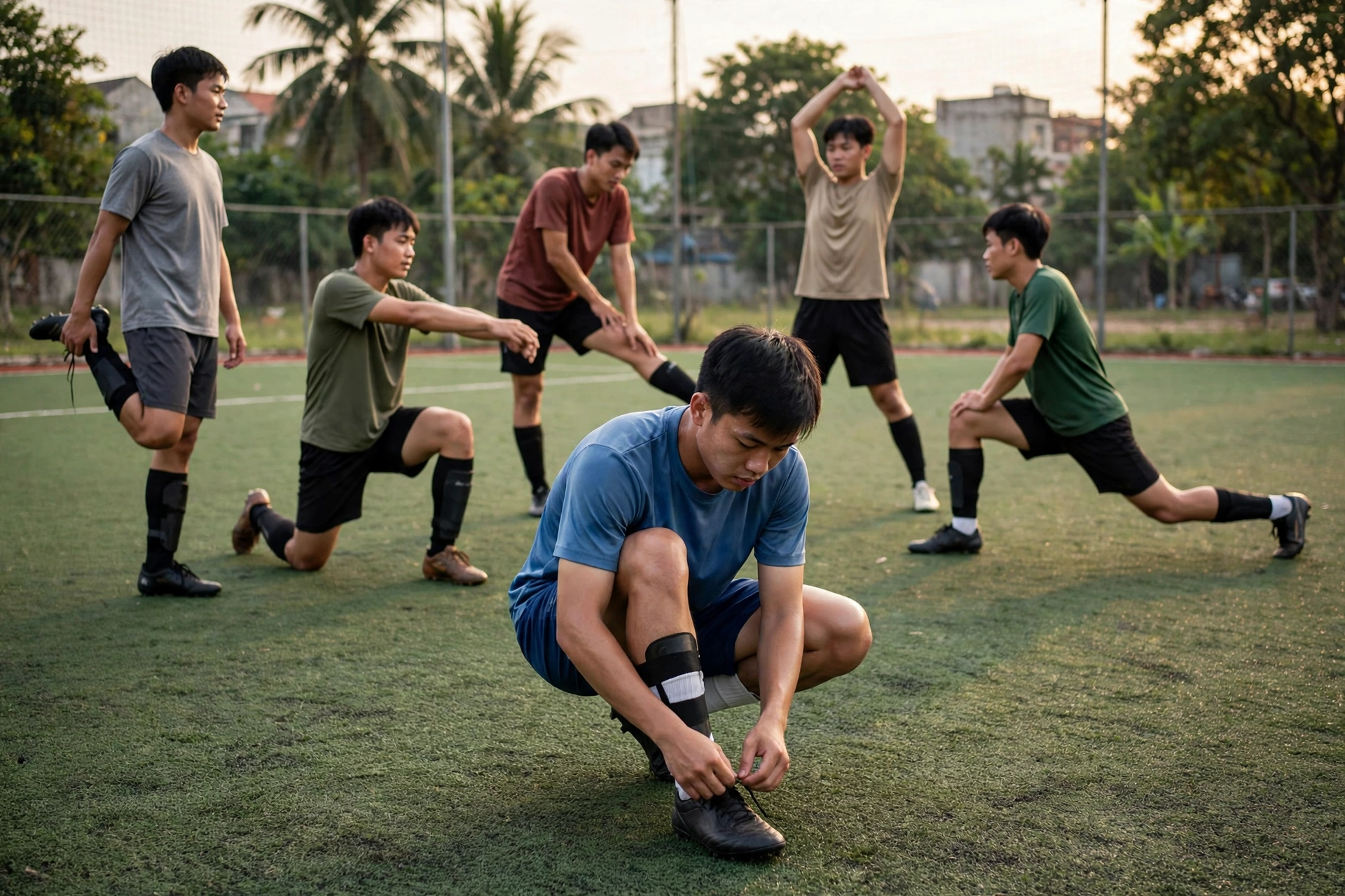 Cầu thủ nghiệp dư khởi động và buộc dây giày trước trận bóng đá phủi