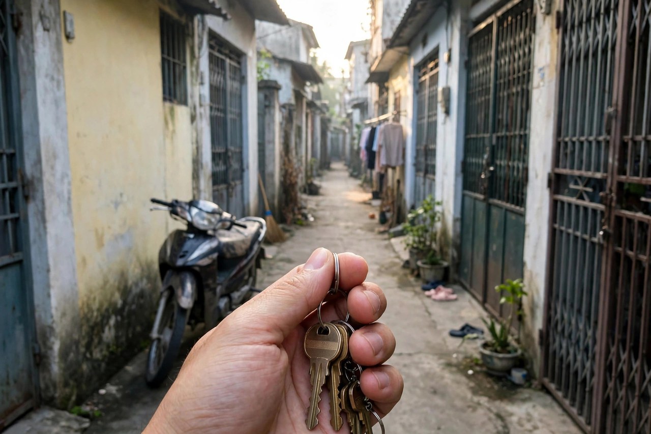 Bàn tay cầm chùm chìa khóa nhà trong con hẻm nhỏ có xe máy dựng bên tường
