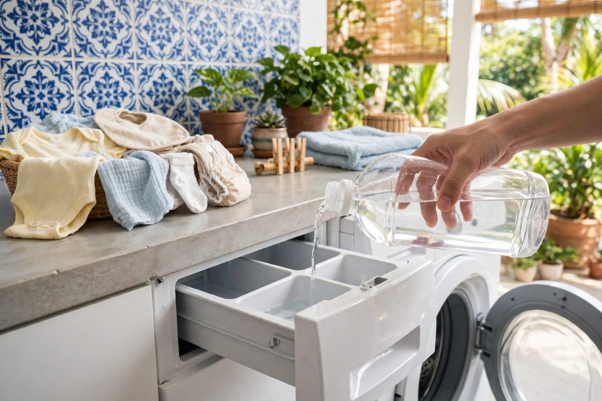Đong một lượng nhỏ nước giặt cho vào ngăn máy giặt cùng đồ trẻ nhỏ
