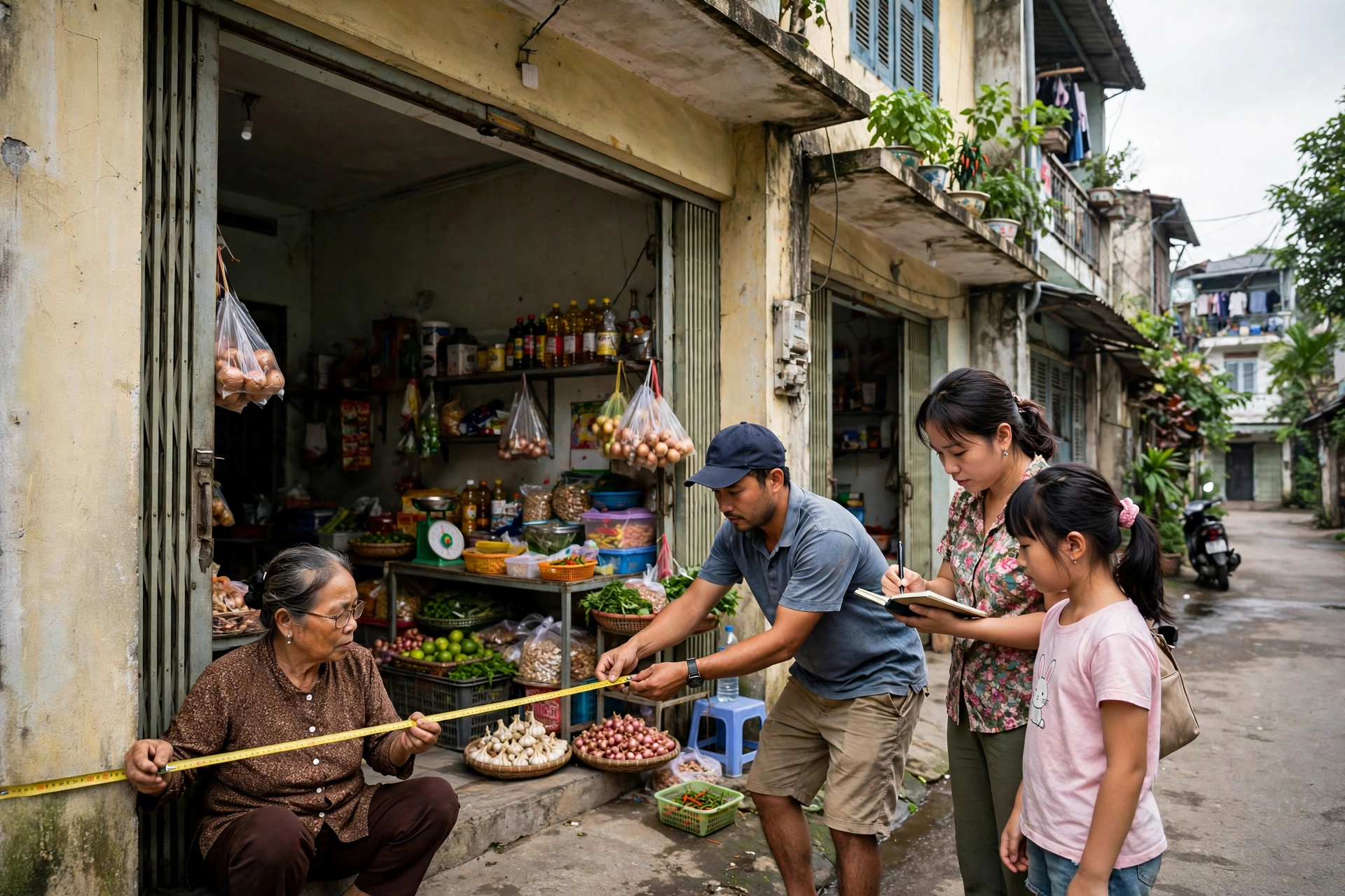 Ảnh minh họa: gia đình đang dùng thước dây đo mặt tiền của căn nhà nhỏ có cửa hàng tạp hóa ở tầng trệt
