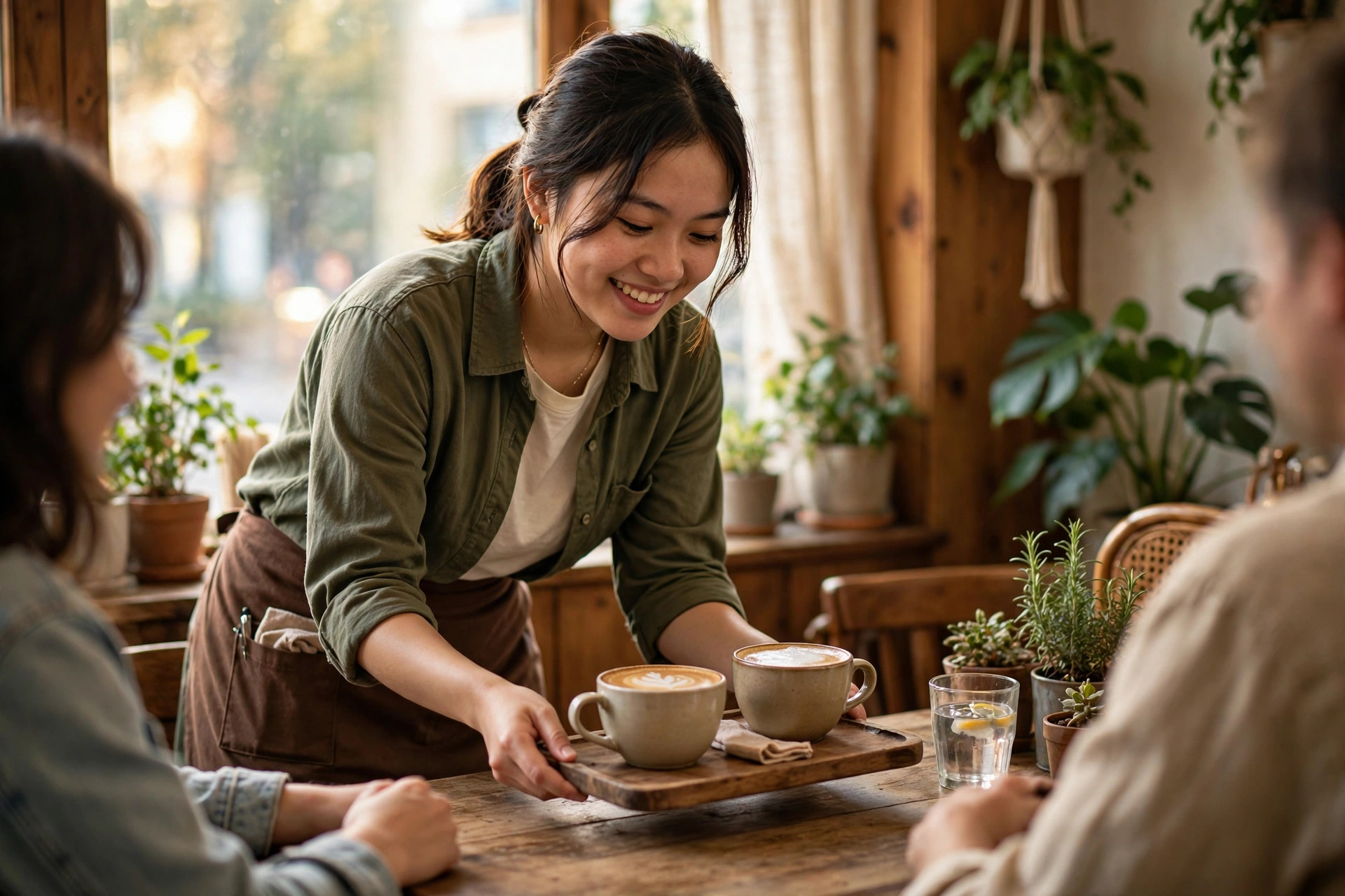 Nhân viên quán nhỏ vui vẻ phục vụ cà phê cho khách tại bàn (ảnh minh họa)
