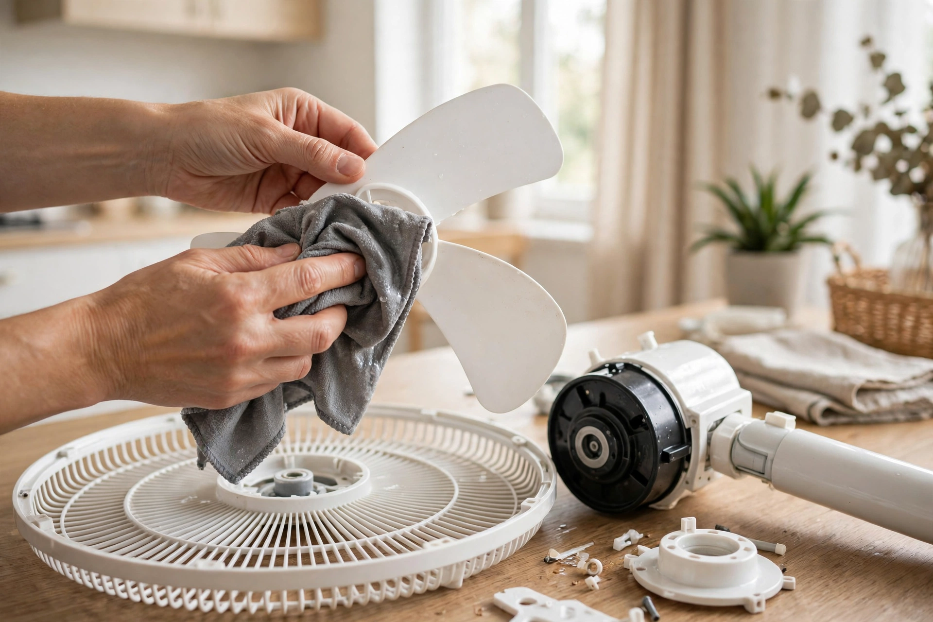 Lau khô cánh quạt bằng khăn mềm sau khi rửa