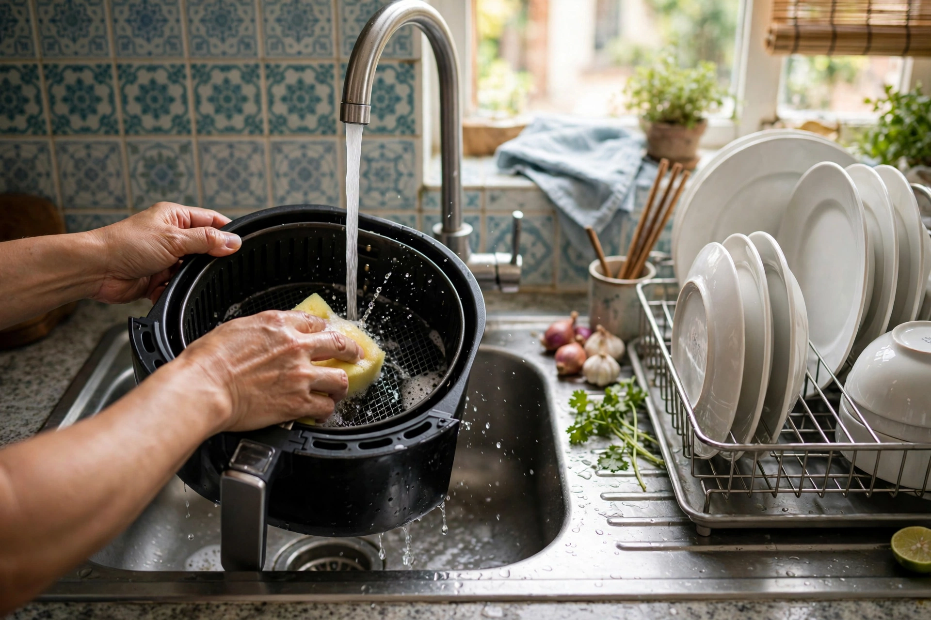 Rửa khay nồi chiên không dầu bằng miếng bọt biển dưới vòi nước trong bếp