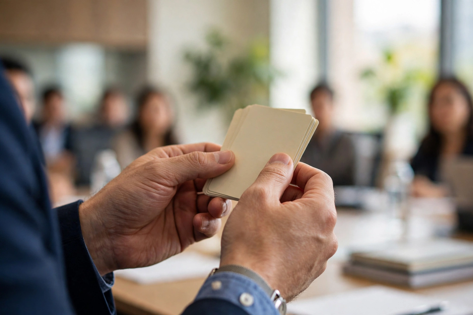 Cận cảnh tay người thuyết trình cầm thẻ ghi chú khi đang nói trước khán giả
