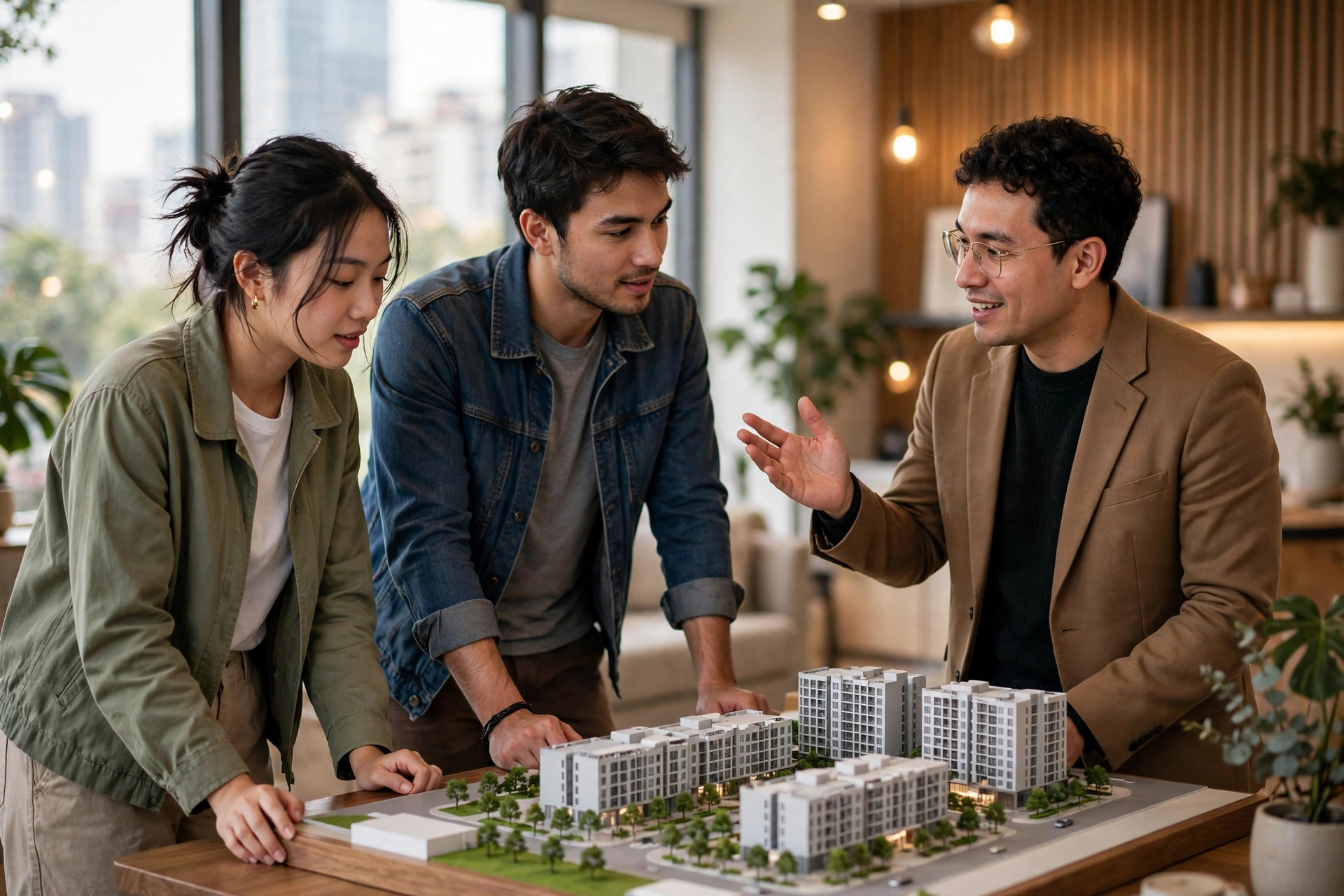 Cặp vợ chồng trẻ xem mô hình dự án chung cư