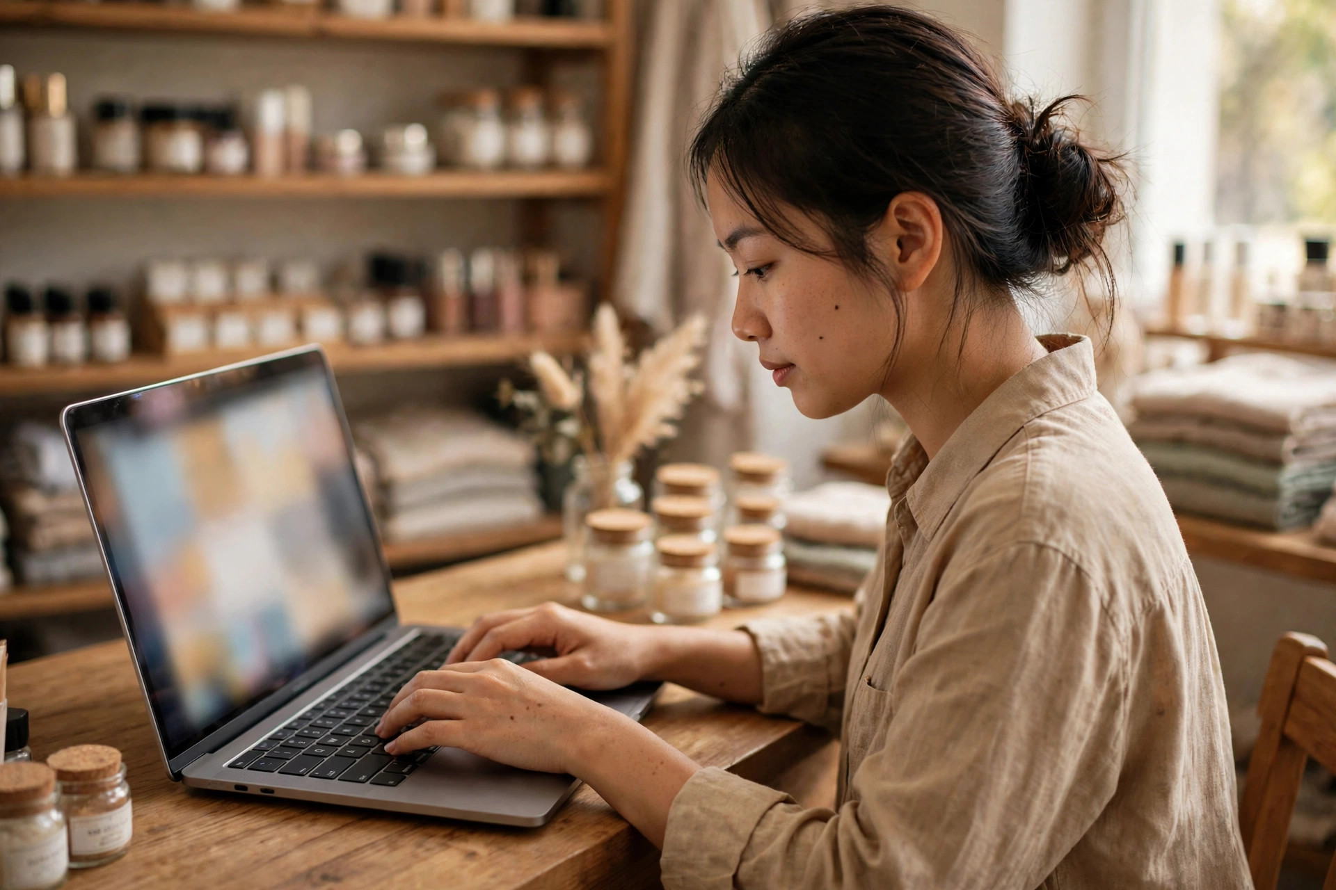 Chủ shop đang gõ máy tính quản lý trang bán hàng trên bàn làm việc nhỏ với sản phẩm bày phía sau