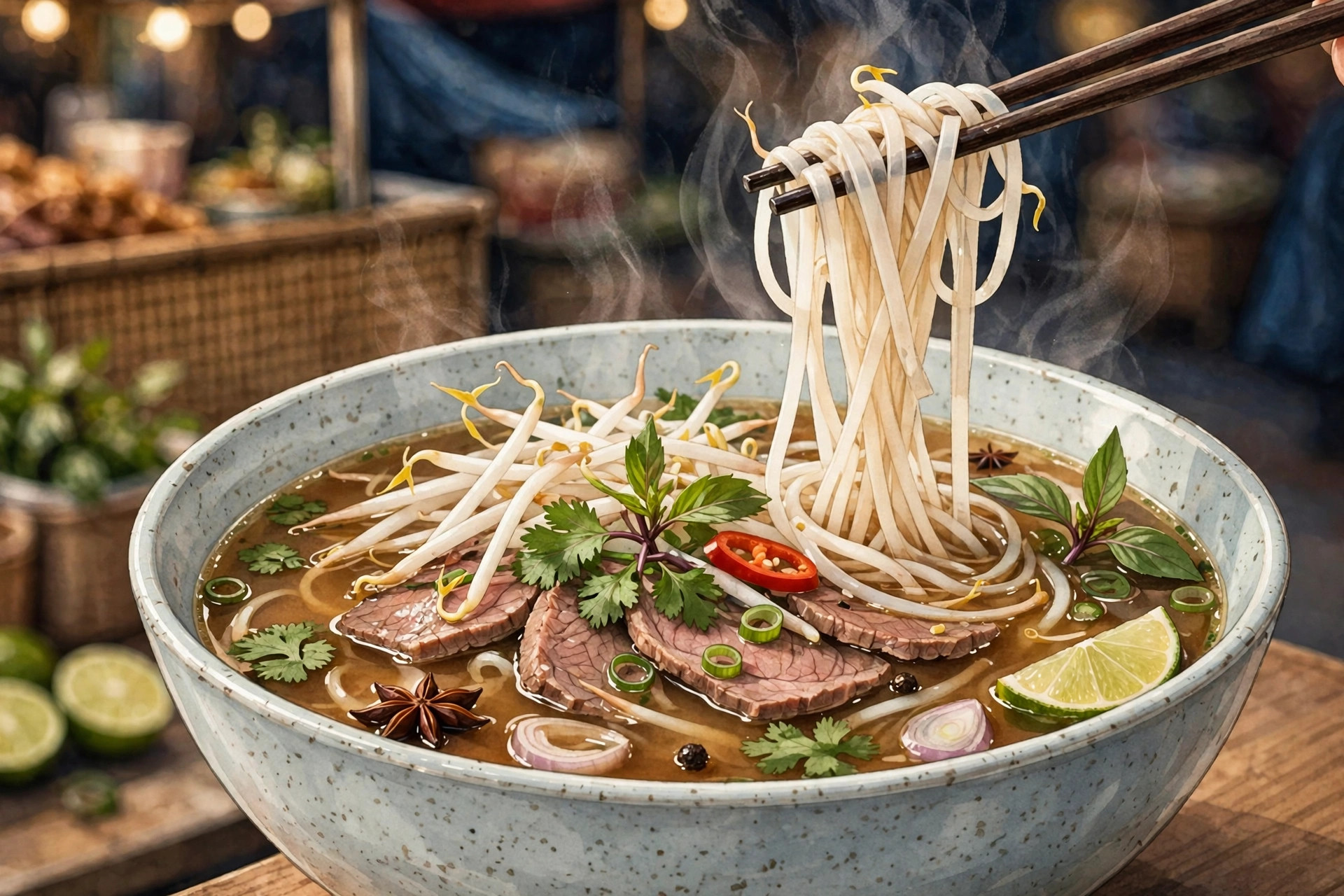 Tô phở bò Việt Nam bốc khói nghi ngút với bánh phở, thịt bò, rau thơm và đũa đang gắp mì