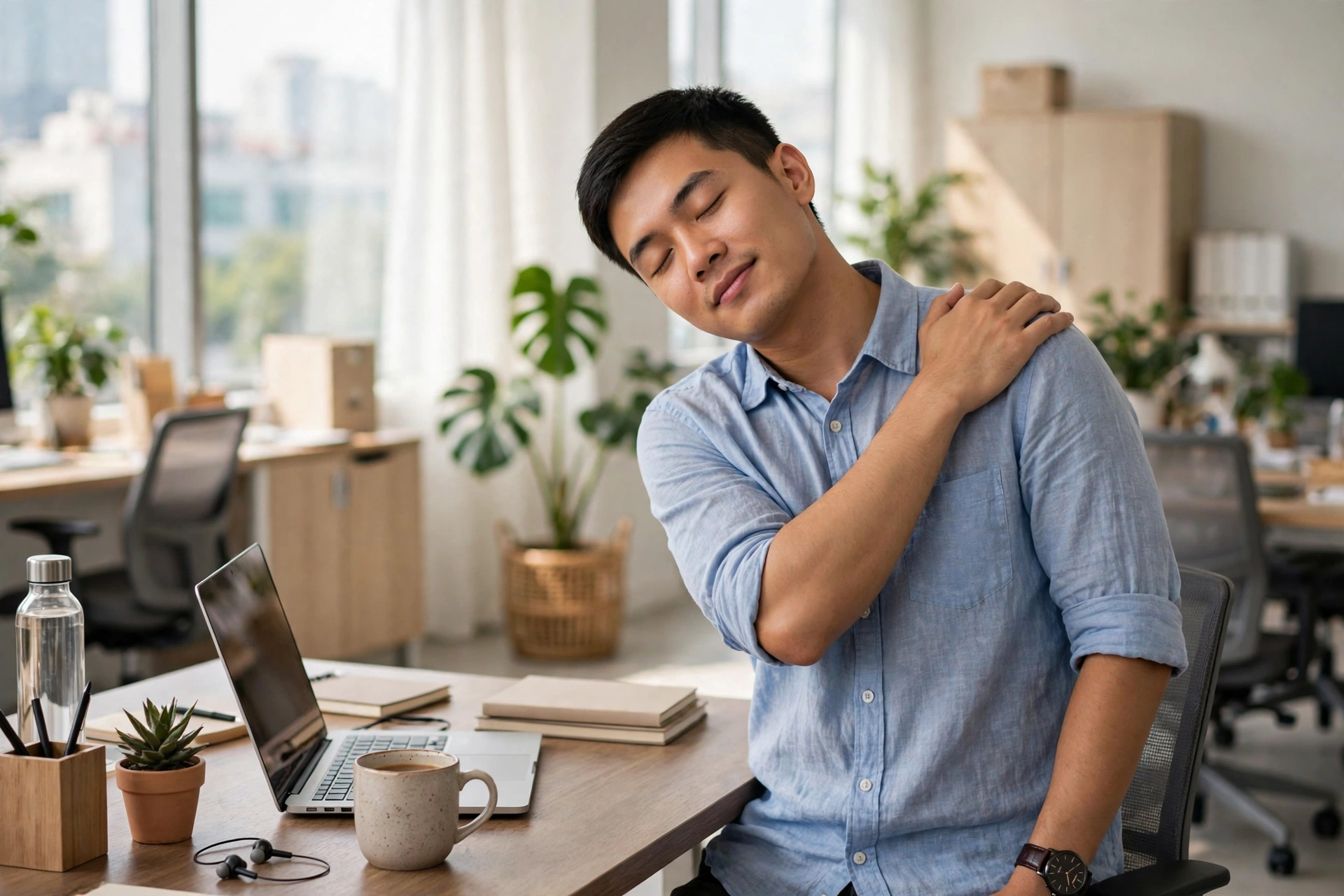Nhân viên văn phòng giãn cơ vai và cổ tại bàn làm việc