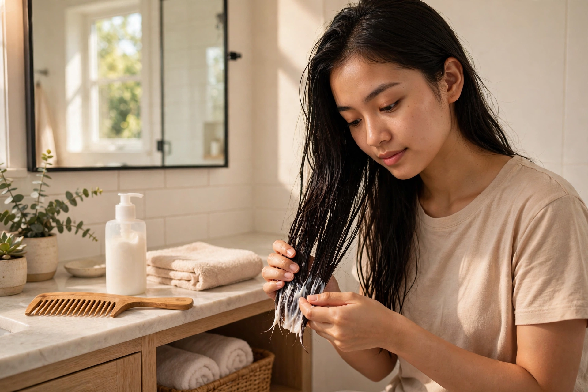 Người phụ nữ thoa kem ủ lên ngọn tóc