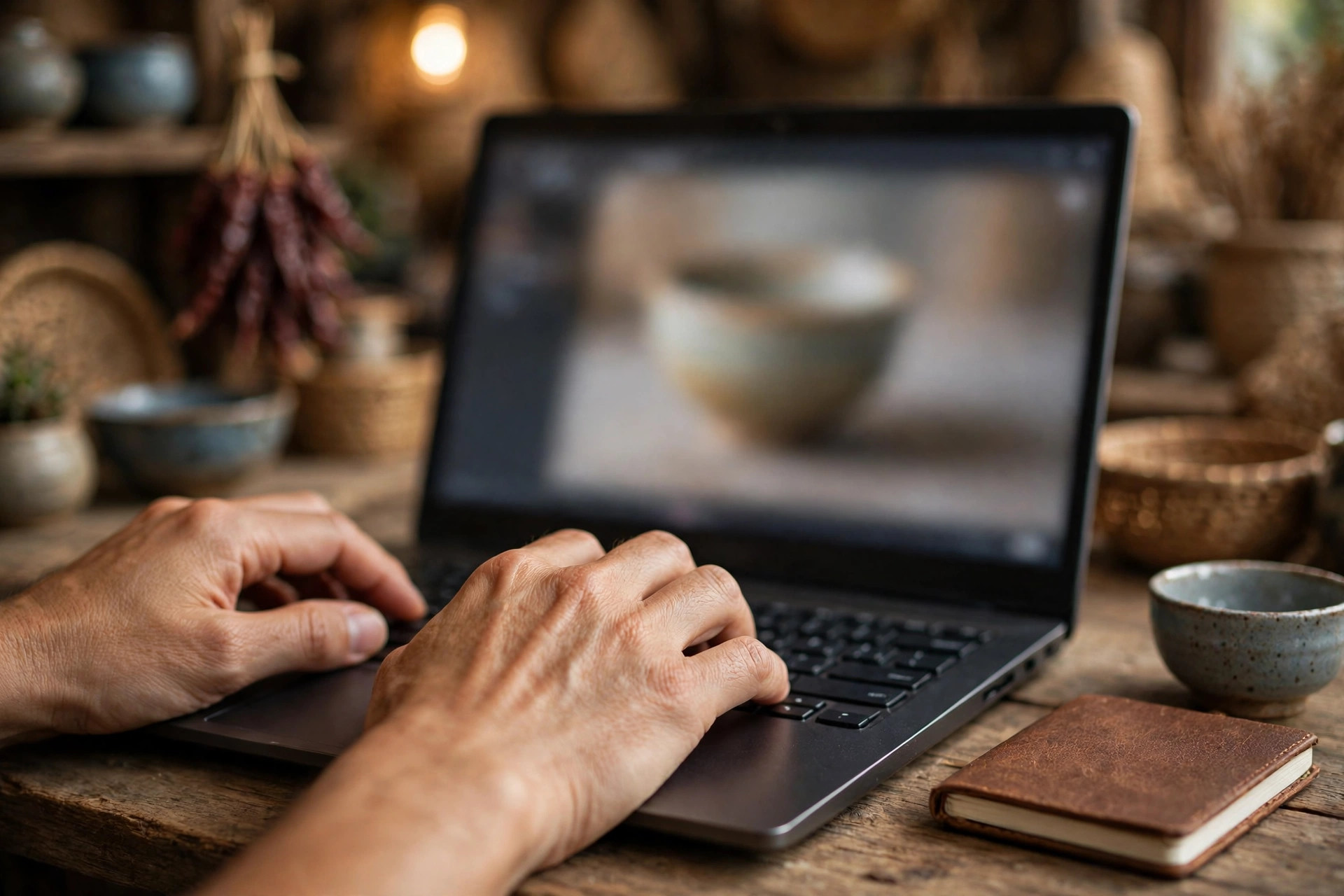 Chủ shop gõ mô tả sản phẩm trên laptop