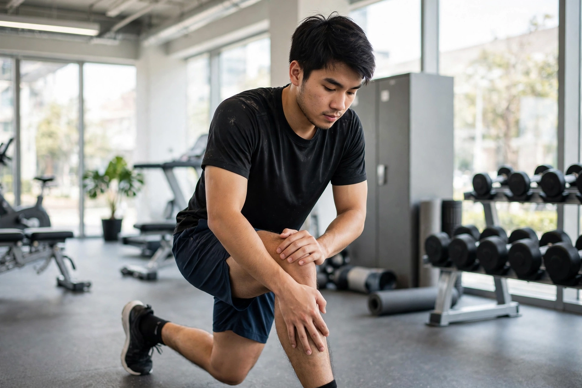 Người mới tập gym đang khởi động giãn cơ chân trong phòng tập sáng sủa