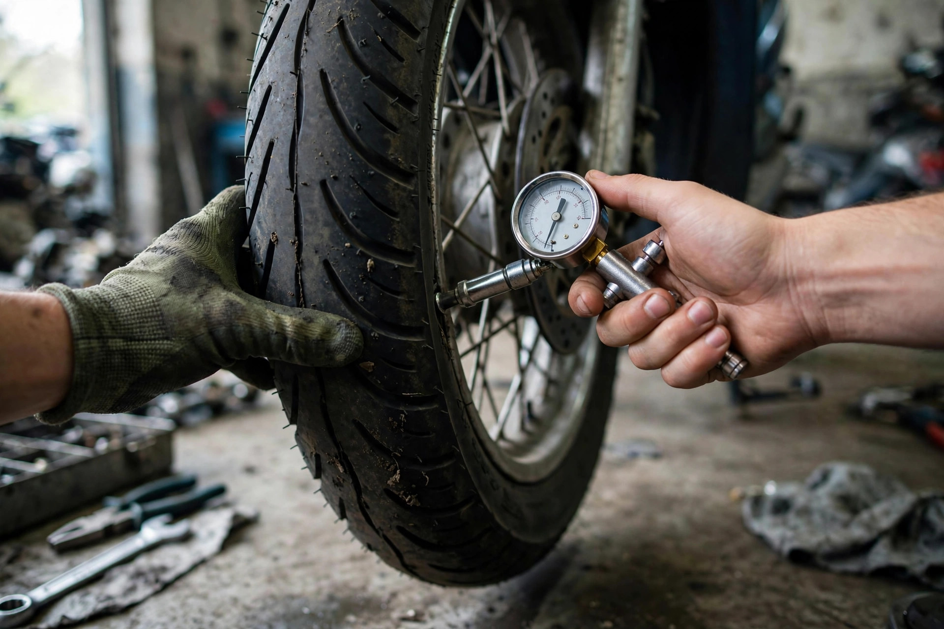 Kiểm tra lốp xe máy bằng đồng hồ đo áp suất tại tiệm sửa xe