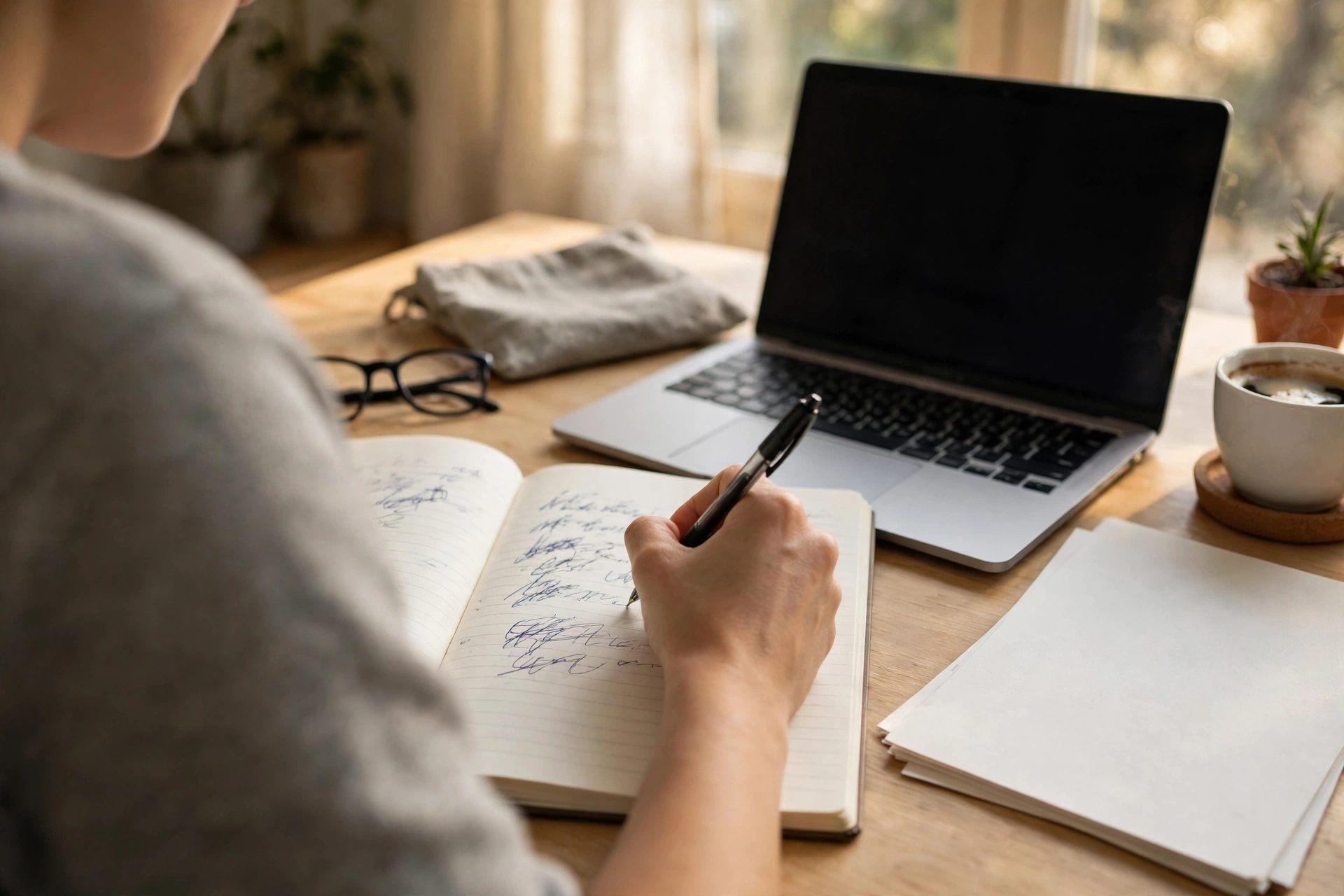 Người làm marketing ngồi viết ý tưởng tiêu đề quảng cáo bên laptop và sổ tay
