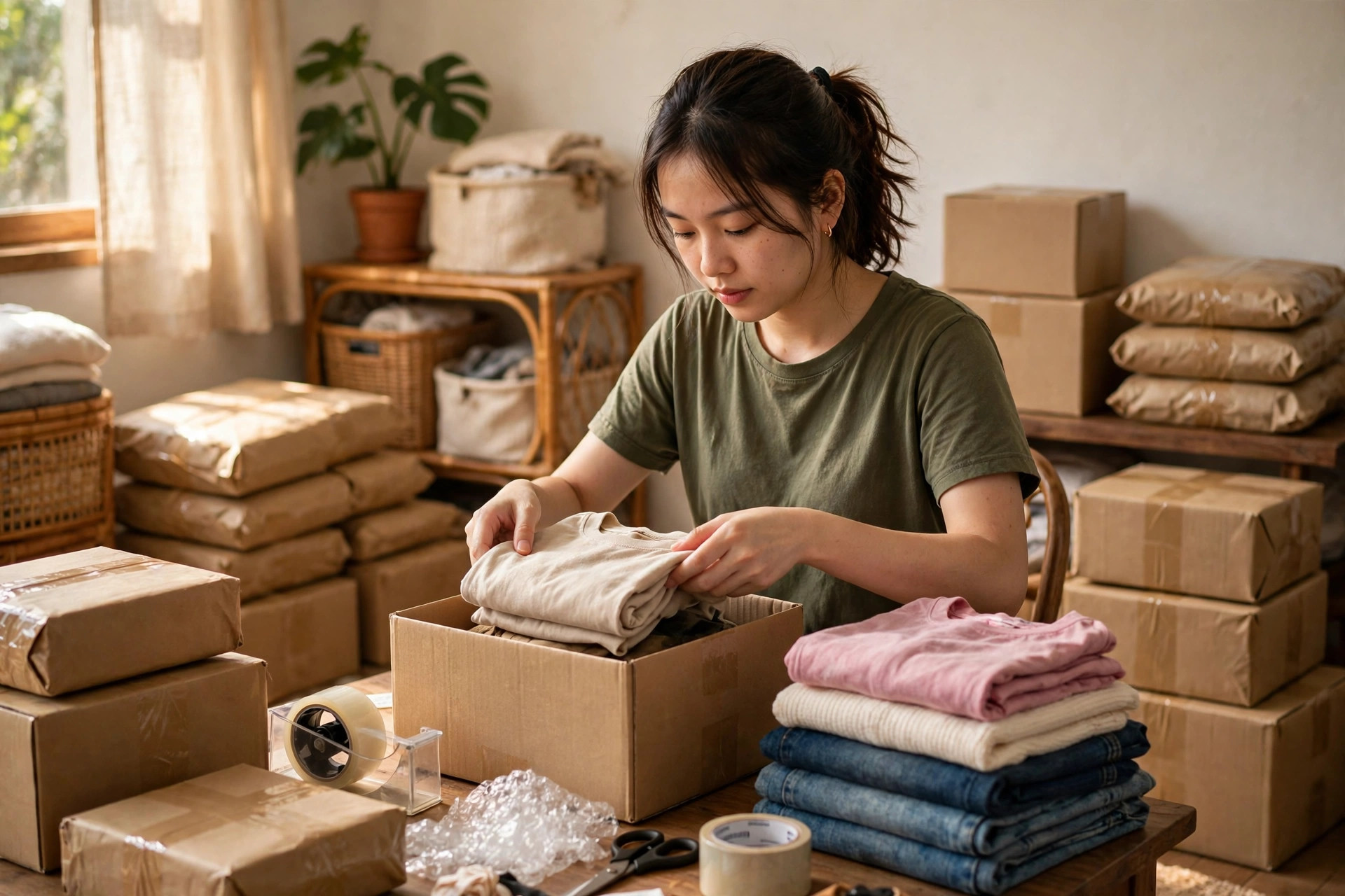 Chủ shop online đang gấp quần áo cho vào thùng carton để đóng gói đơn hàng tại nhà