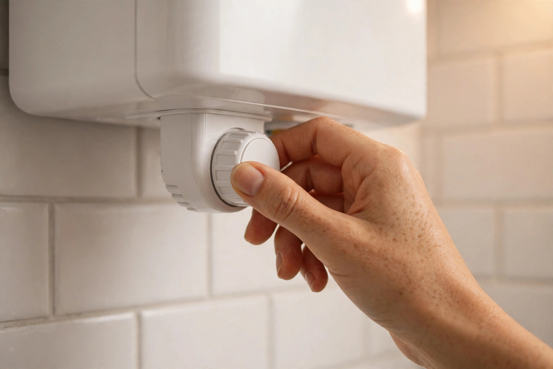 Bàn tay đang vặn núm điều chỉnh nhiệt độ trên bình nóng lạnh treo tường trong phòng tắm