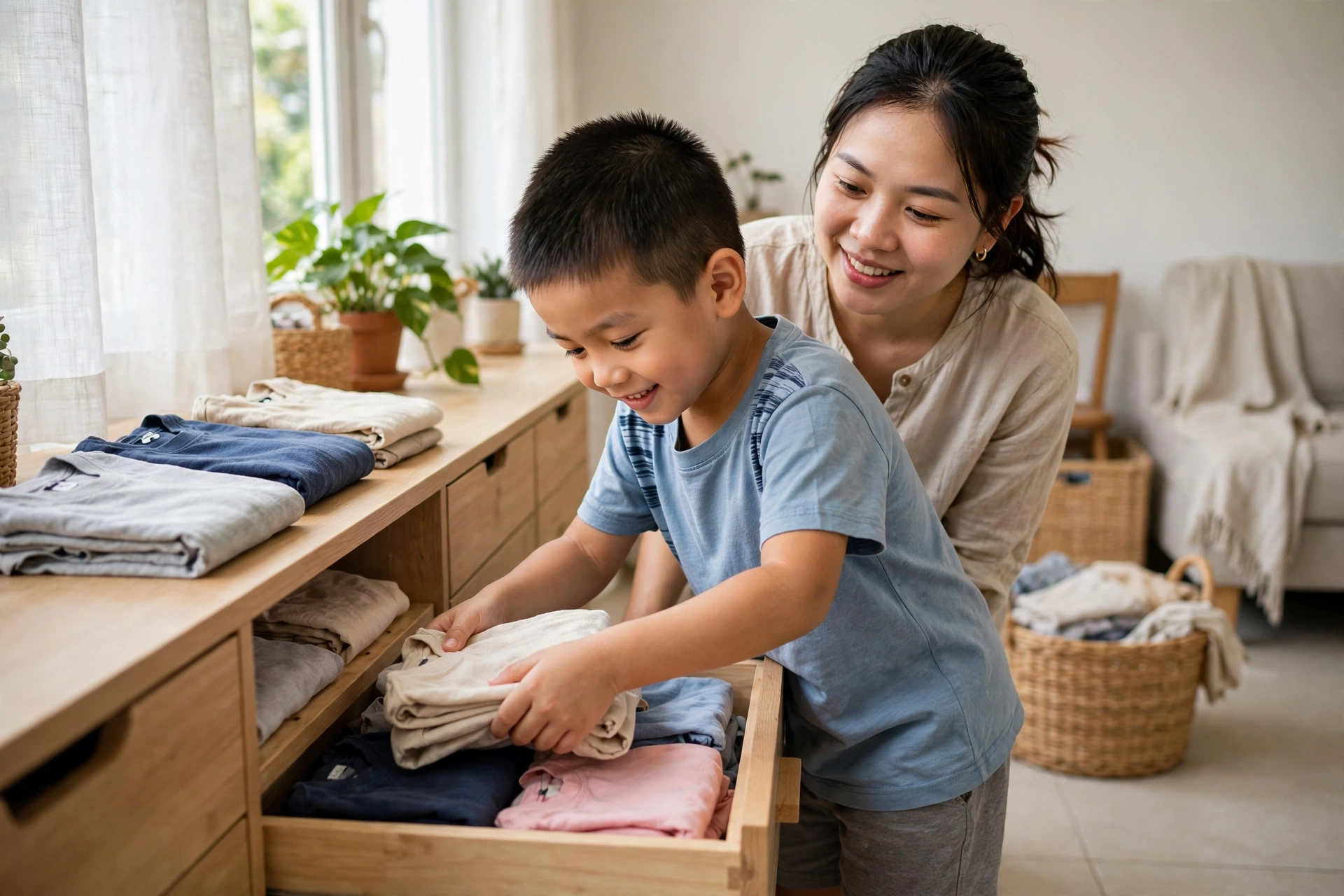 Bé trai tự cất quần áo đã gấp vào ngăn tủ, mẹ đứng bên cạnh khích lệ