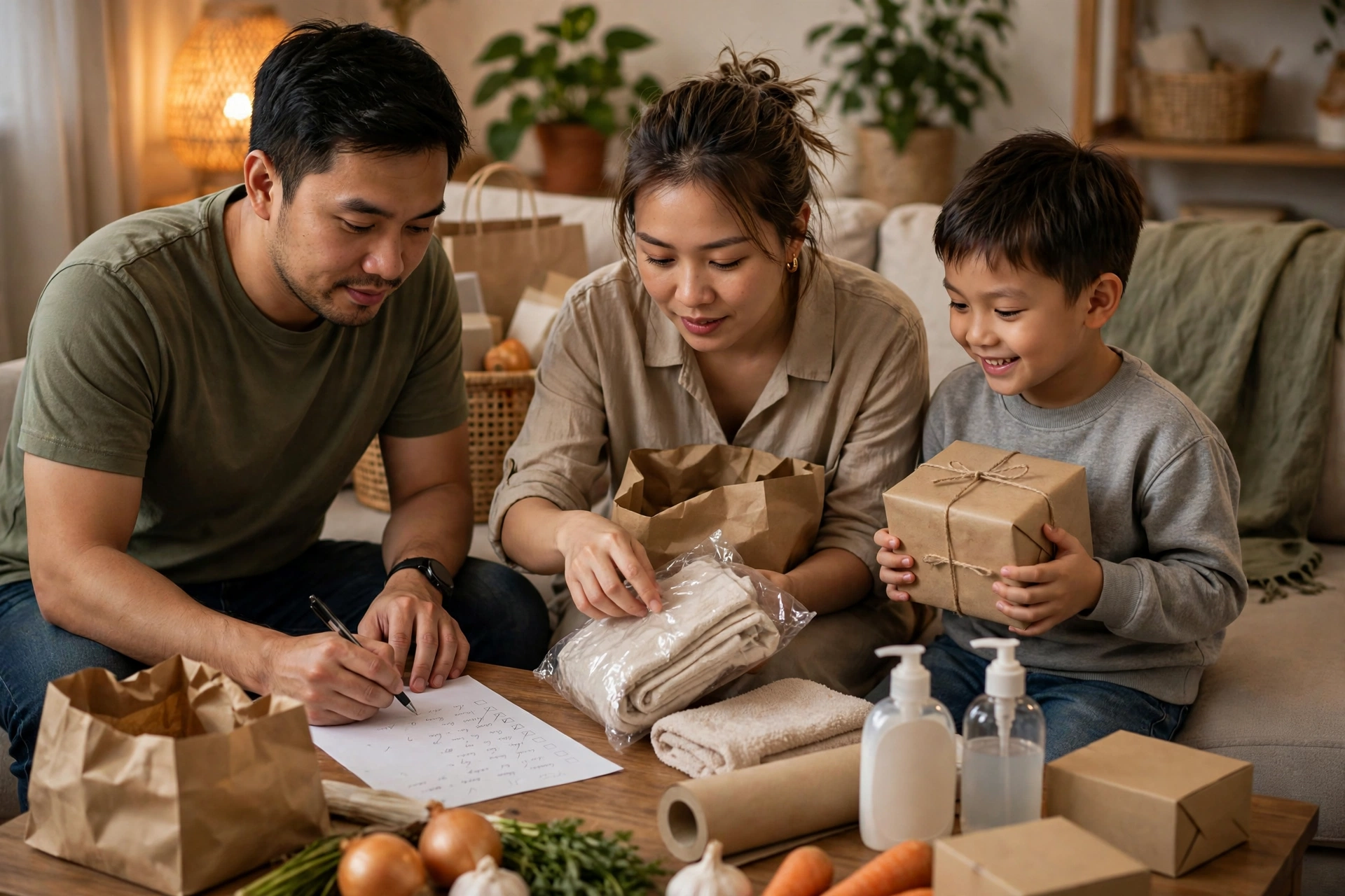Gia đình cùng kiểm tra các món đã mua đối chiếu với danh sách mua sắm trên bàn
