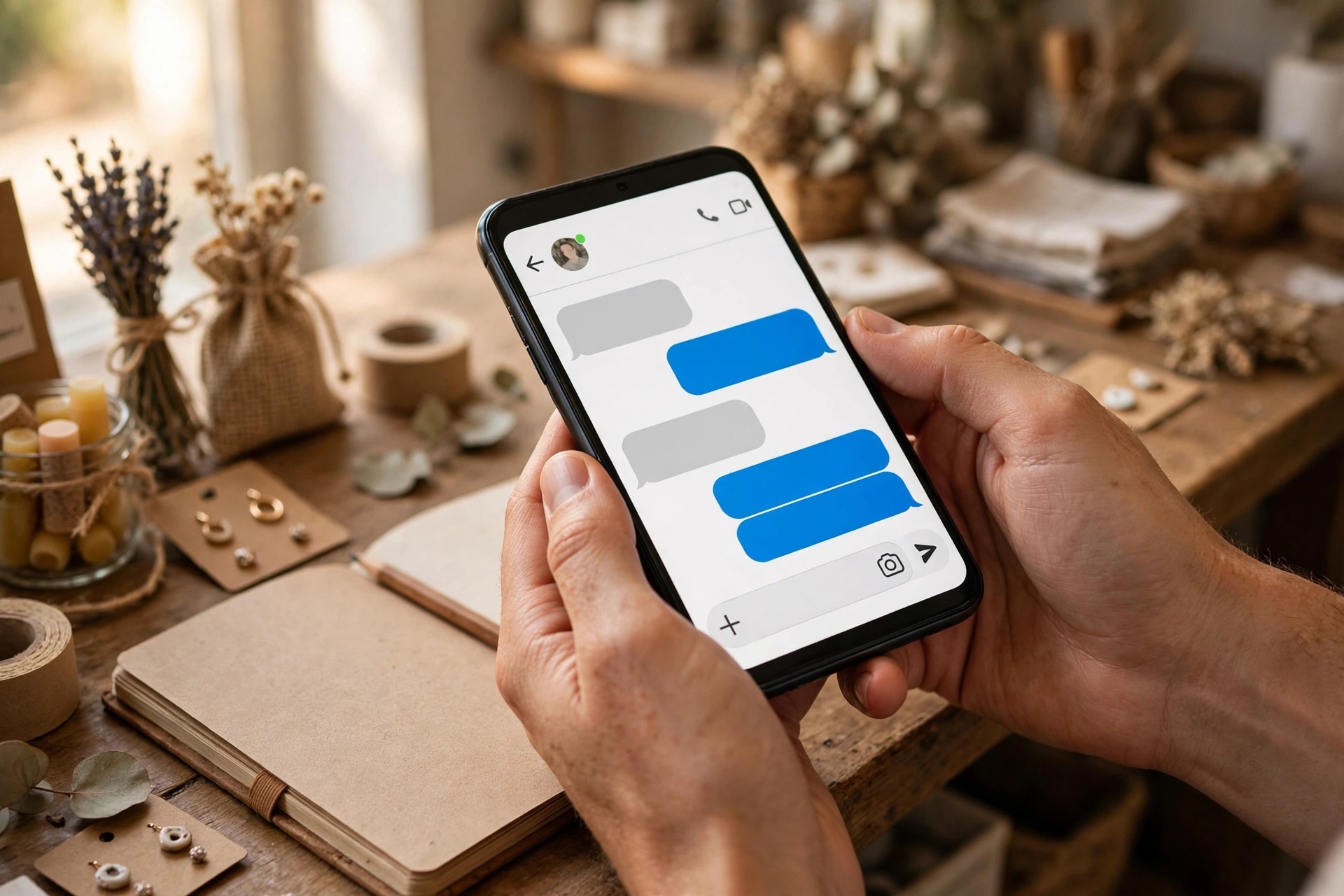 Chủ shop nhỏ cầm điện thoại trả lời tin nhắn khách hàng tại quầy hàng