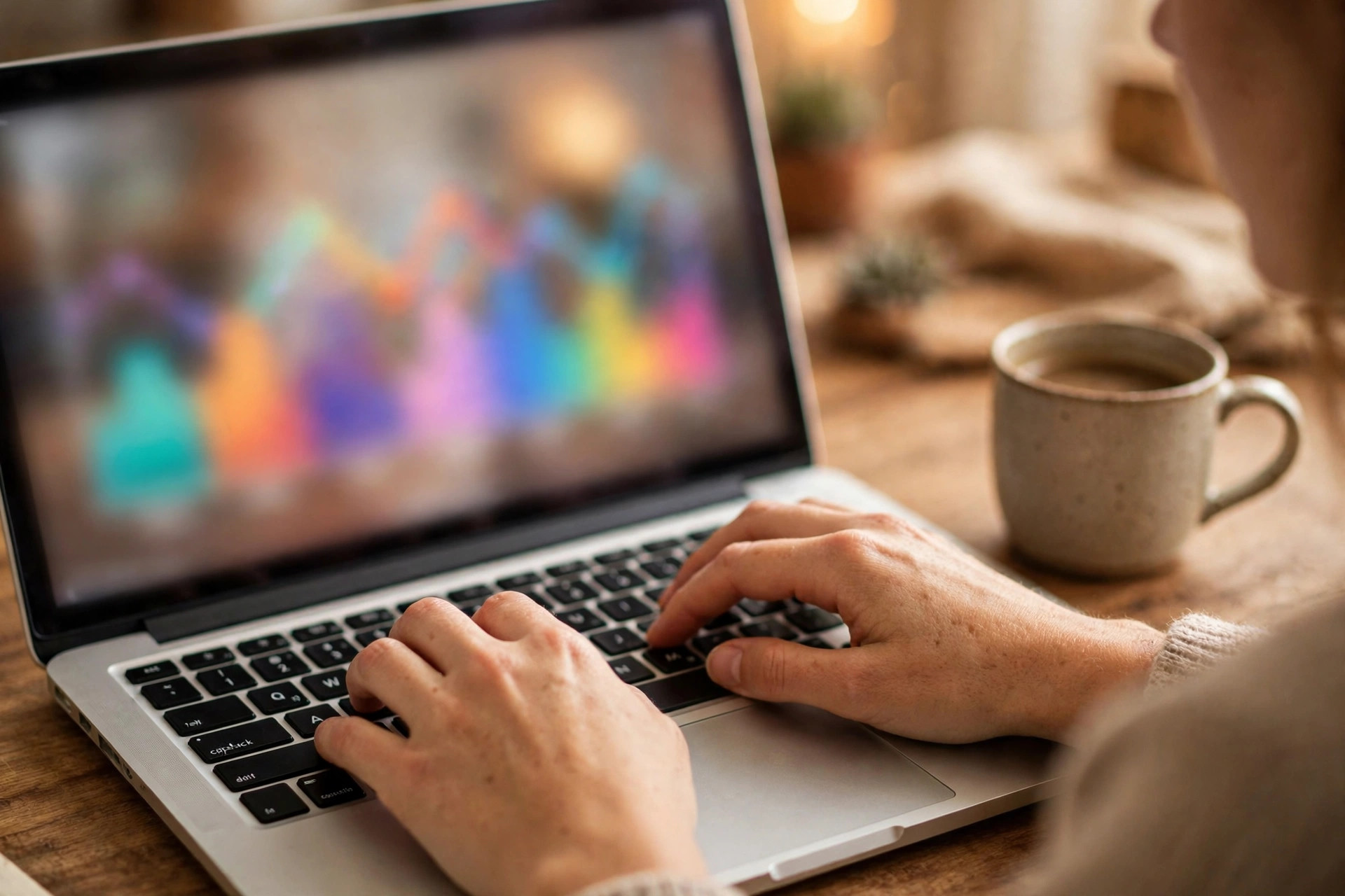 Chủ shop ngồi tại bàn làm việc nhỏ, tay gõ bàn phím laptop đang mở trang quản lý quảng cáo với biểu đồ mờ