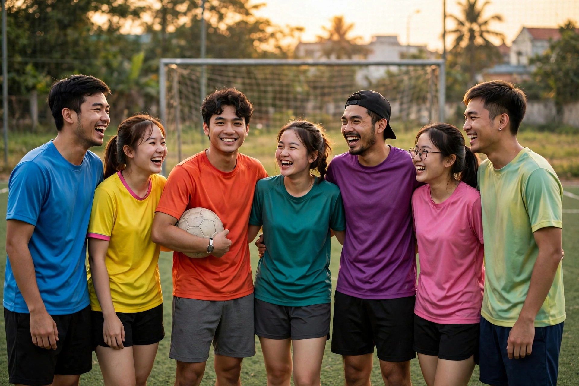 Nhóm bạn trẻ chơi bóng đá phủi trên sân cỏ nhân tạo lúc chiều tà