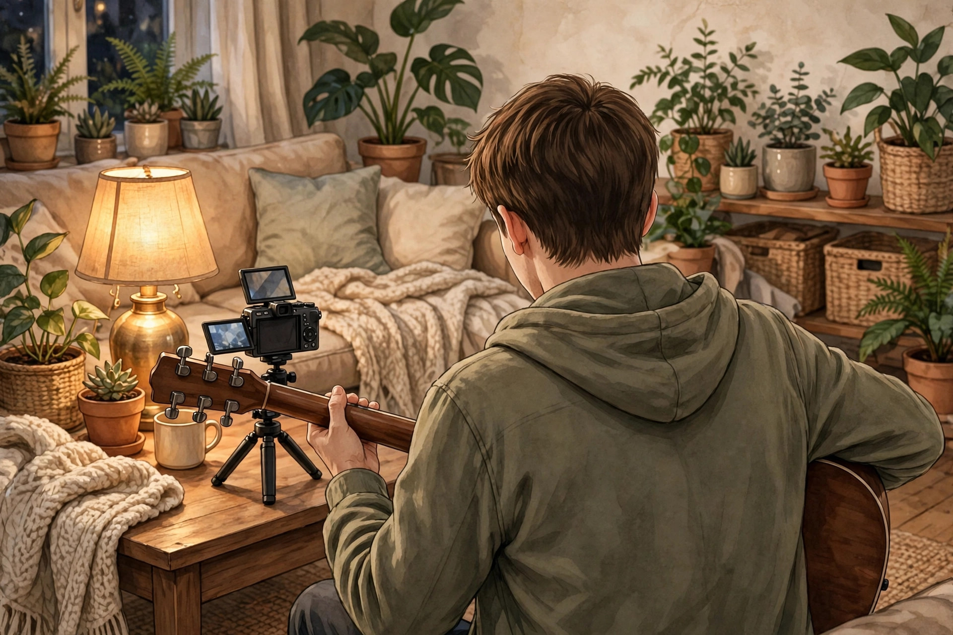Nam ca sĩ trẻ nhìn từ phía sau đang ôm đàn guitar trong phòng khách ấm cúng, trước máy quay nhỏ ghi hình vlog