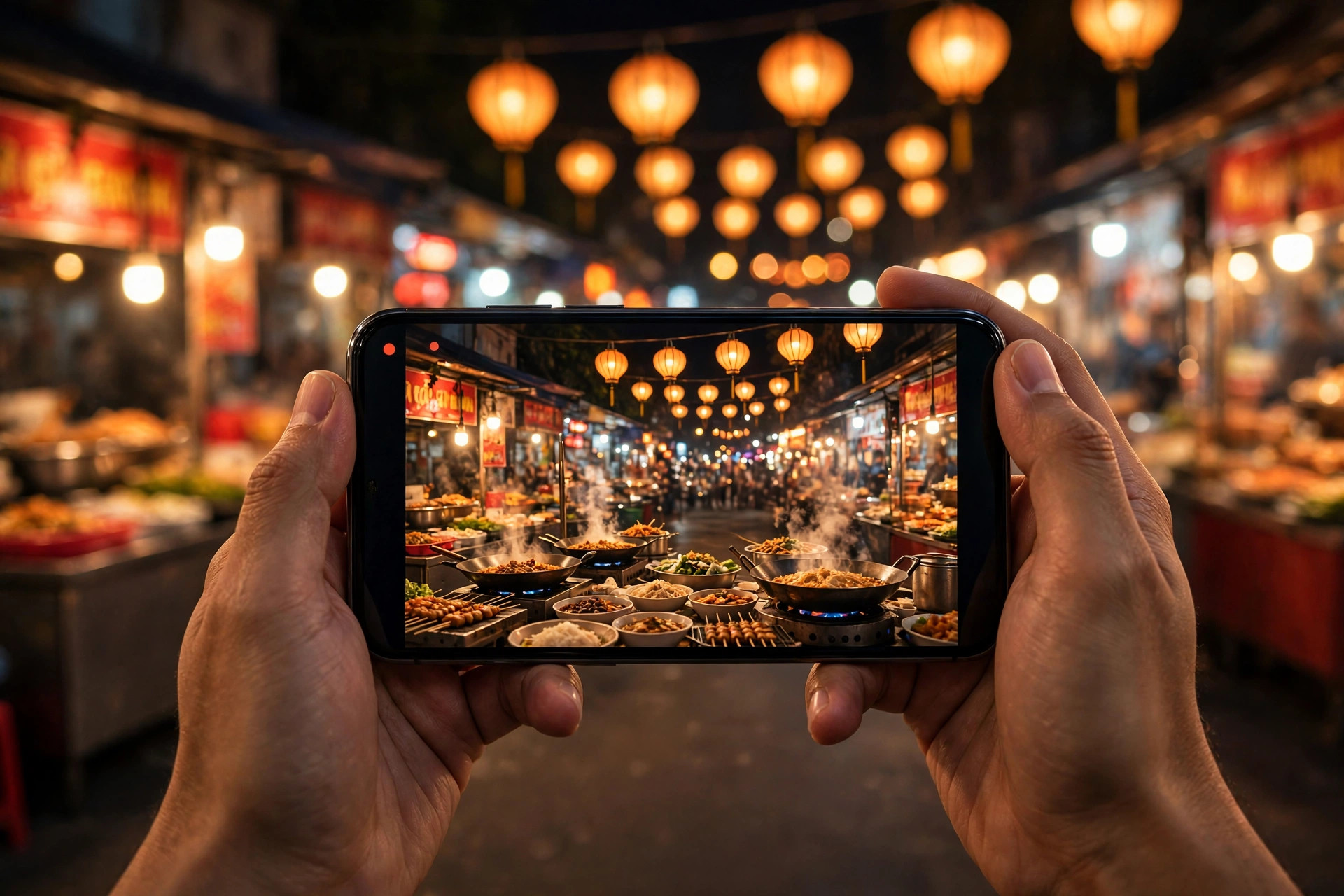 Đôi tay cầm điện thoại quay video chợ đêm rực rỡ đèn lồng