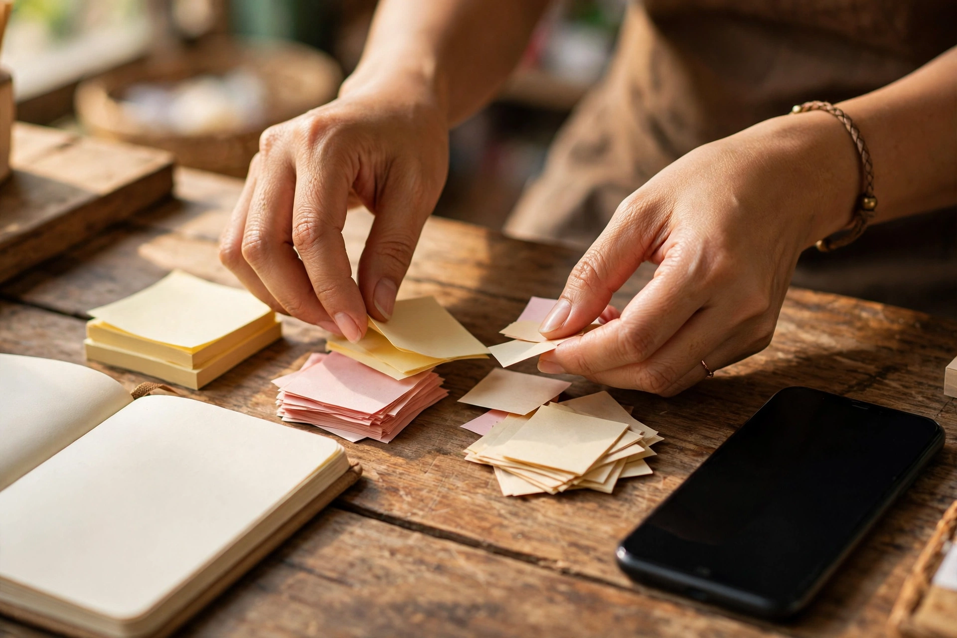 Đôi tay chủ shop nhỏ sắp xếp giấy ghi chú bình luận khách hàng thành từng nhóm trên bàn