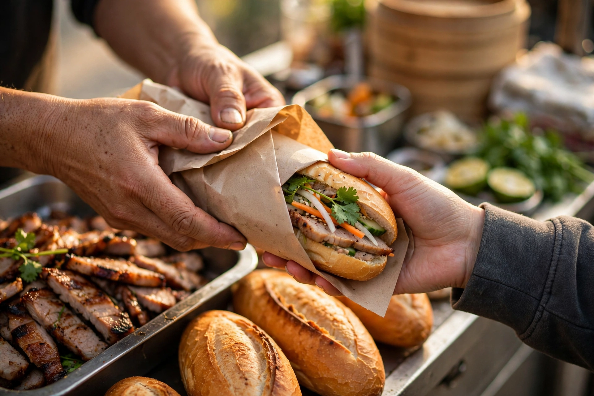 Đôi bàn tay gói bánh mì kẹp thịt bằng giấy và trao cho khách tại quầy buổi sáng