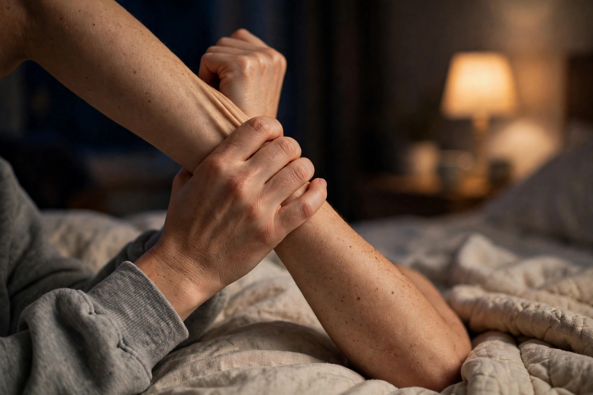 Giãn cổ tay và cánh tay nhẹ nhàng trên giường buổi tối