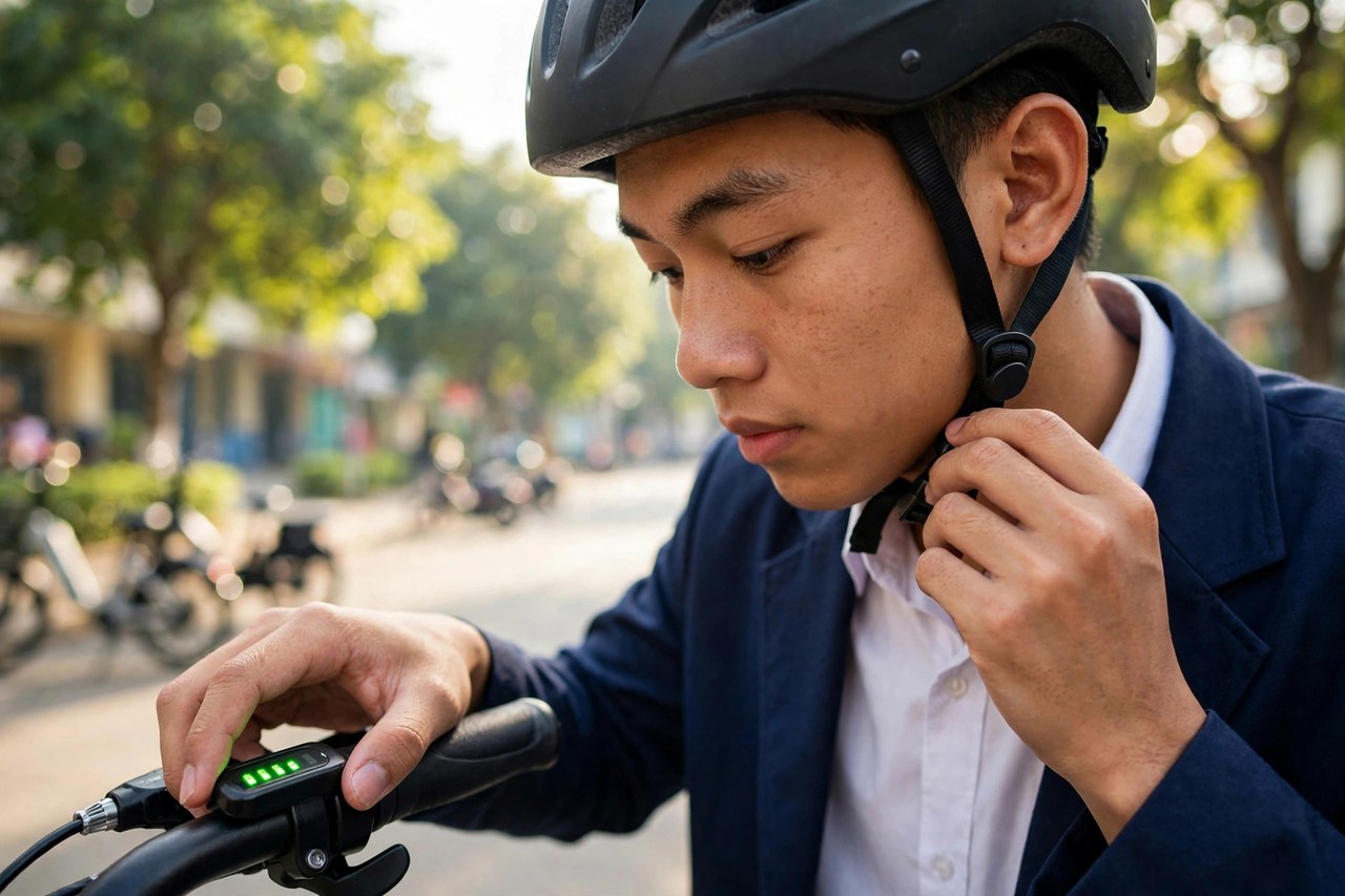 Học sinh kiểm tra đèn báo pin và cài quai mũ bảo hiểm trước khi đi học