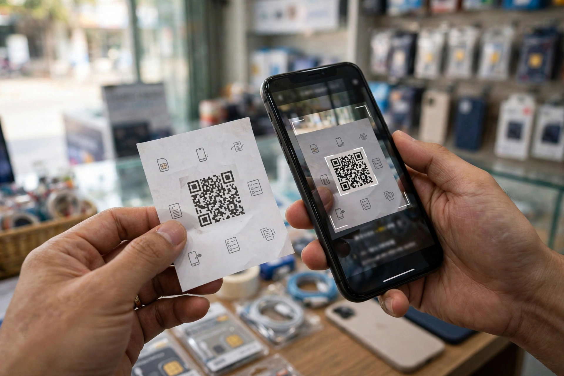 Quét mã QR kích hoạt eSIM tại cửa hàng nhà mạng