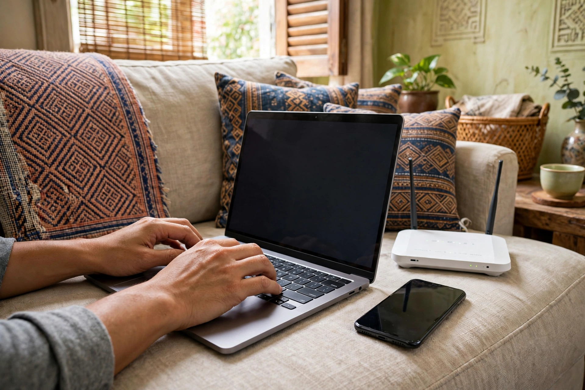 Đôi tay gõ bàn phím laptop bên cạnh router wifi và điện thoại trên ghế sofa