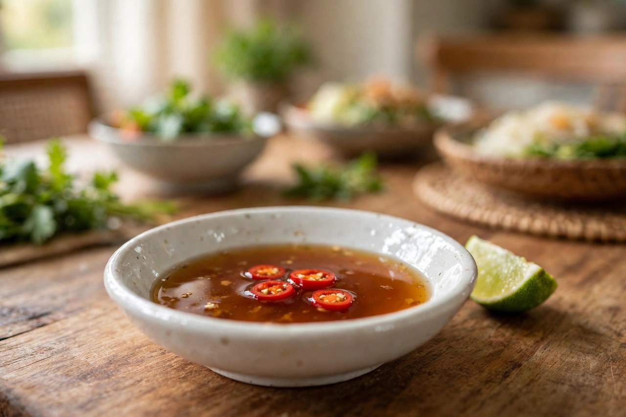 Chén nước mắm pha chanh ớt để nếm thử chất lượng nước mắm