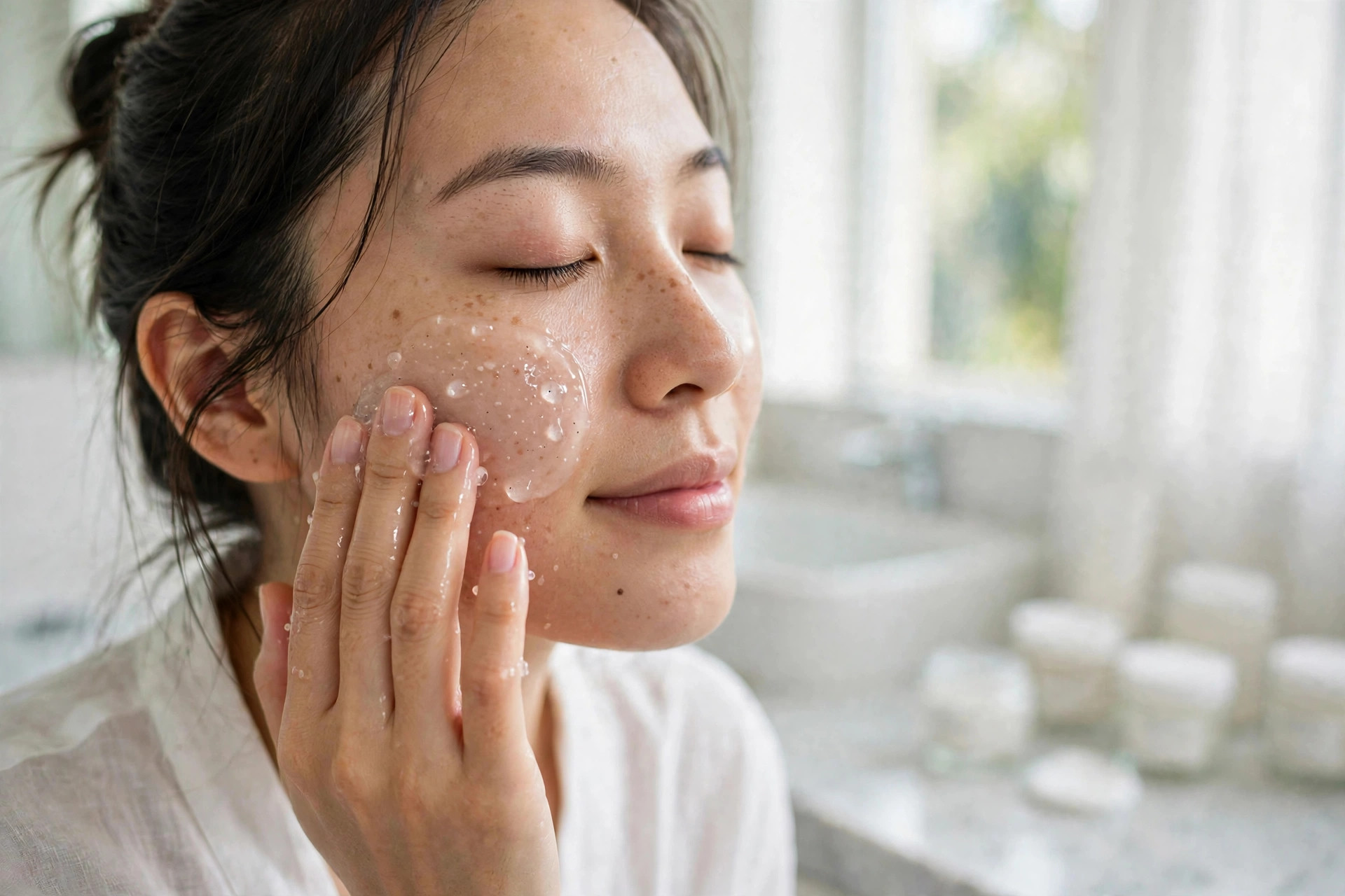 Cận cảnh đầu ngón tay đang massage gel tẩy da chết lên má theo chuyển động tròn nhẹ nhàng