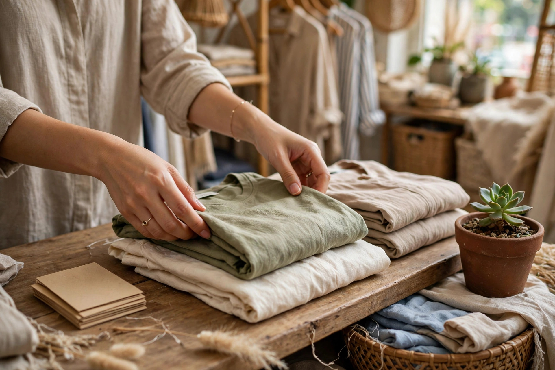 Chủ shop sắp xếp sản phẩm và thiệp cảm ơn để chụp ảnh feedback