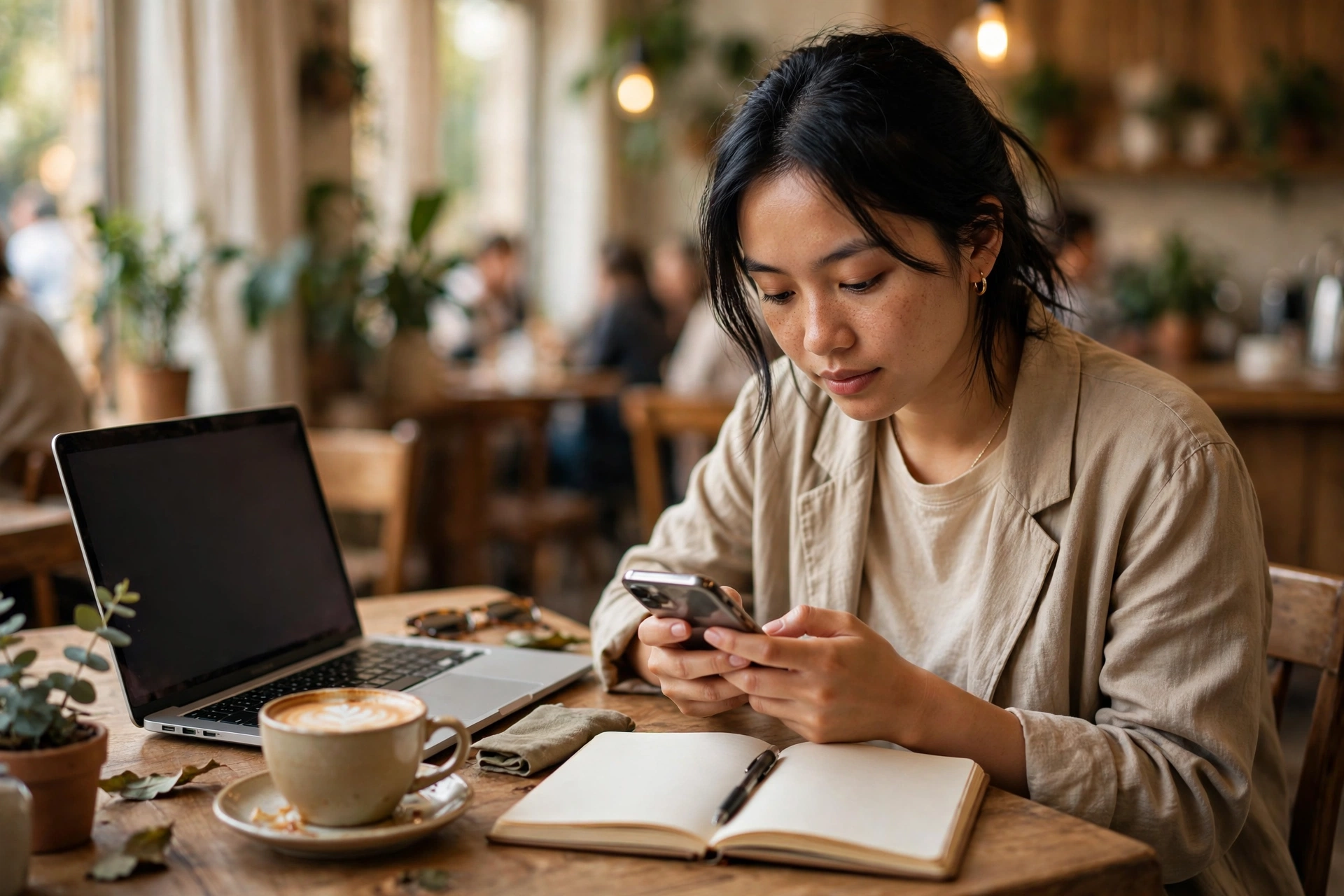 Người trẻ viết bài chia sẻ kinh nghiệm nghề nghiệp trên điện thoại tại quán cà phê