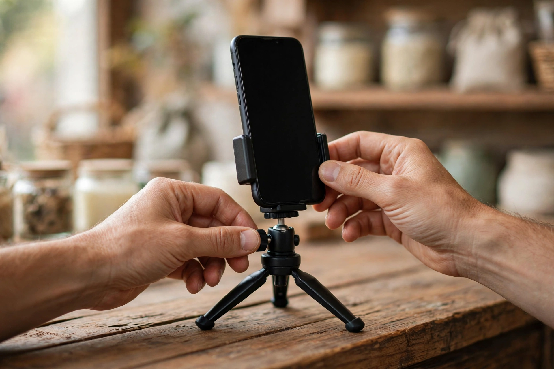Chỉnh điện thoại trên tripod trước khi quay video ngắn cho shop