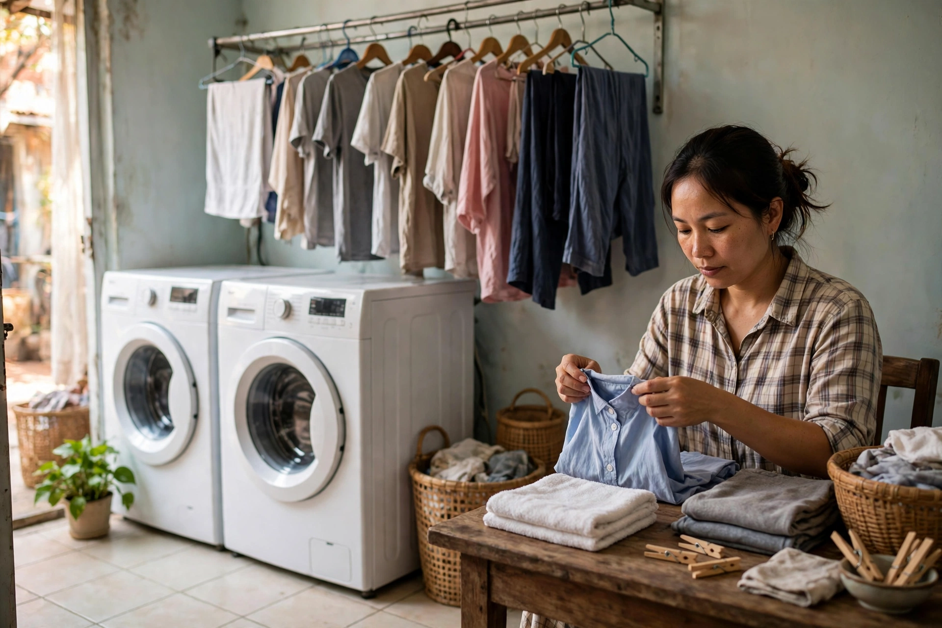 Ảnh minh họa: tiệm giặt ủi nhỏ tại nhà với máy giặt cửa ngang, quần áo treo gọn gàng và chủ tiệm đang gấp đồ