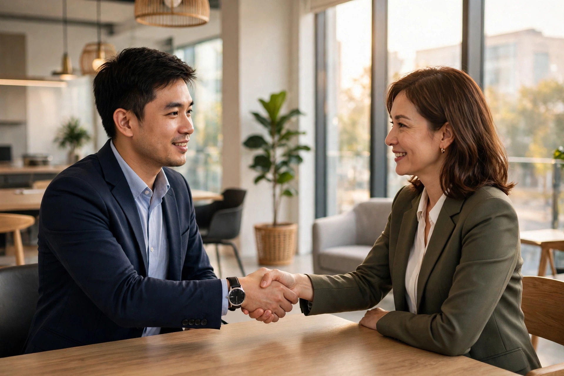 Nhân viên và quản lý bắt tay thân thiện sau buổi đánh giá hiệu suất cuối năm thành công