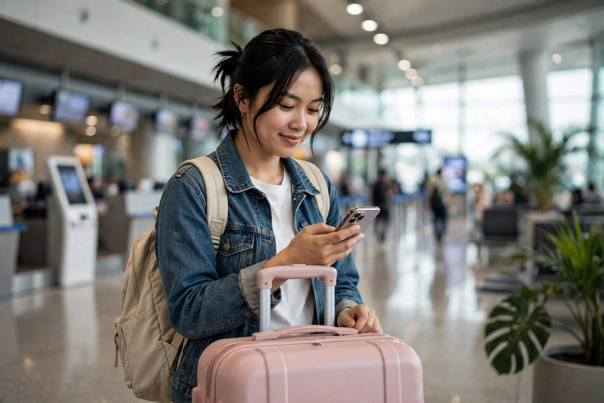 Du khách Việt kiểm tra điện thoại đã có mạng eSIM tại sân bay