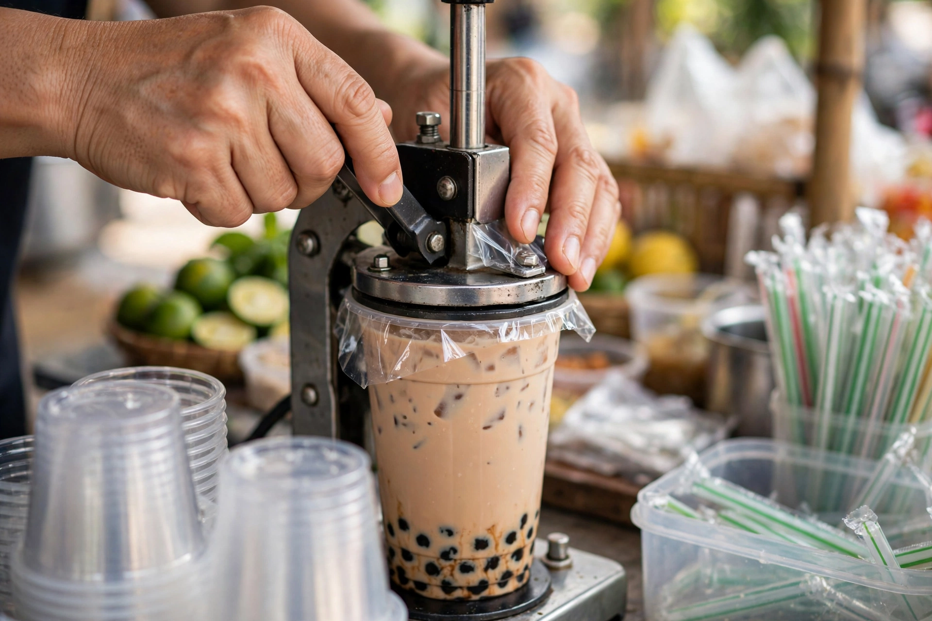 Dập nắp ly trà sữa bằng máy ép màng