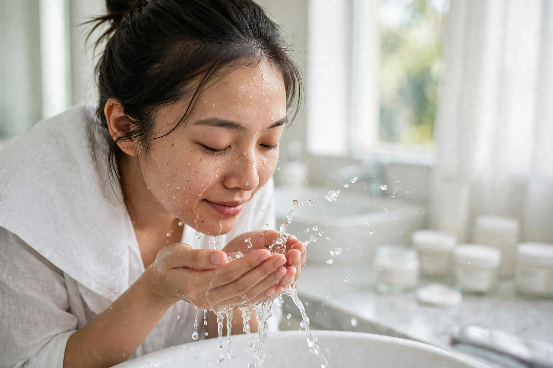 Người phụ nữ đang rửa mặt bằng nước sạch hứng trong lòng bàn tay sau bước tẩy da chết