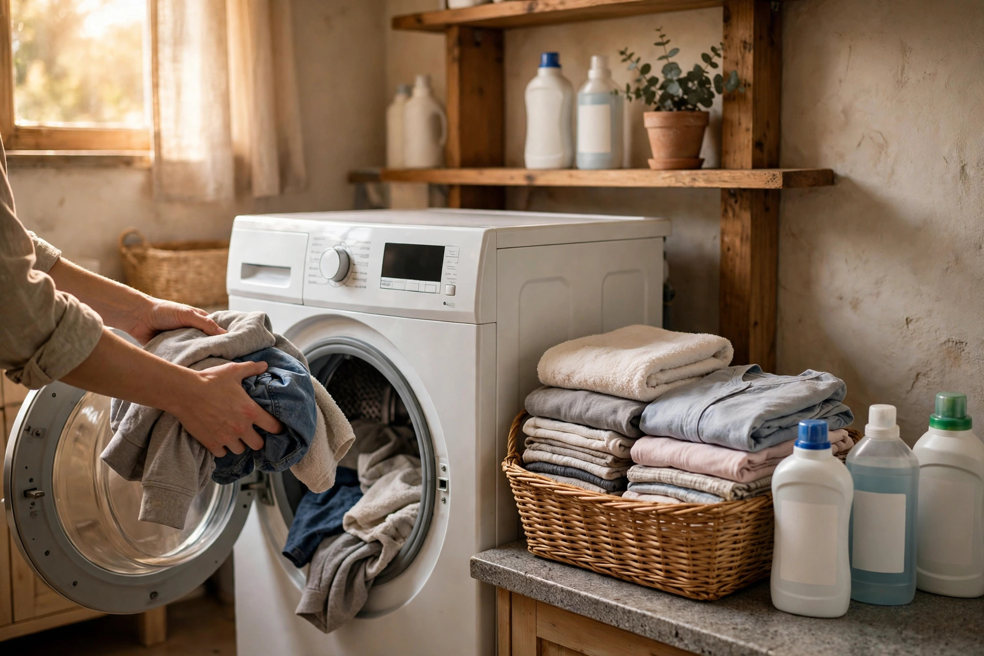 Người chủ tiệm cho quần áo vào máy giặt cửa trước