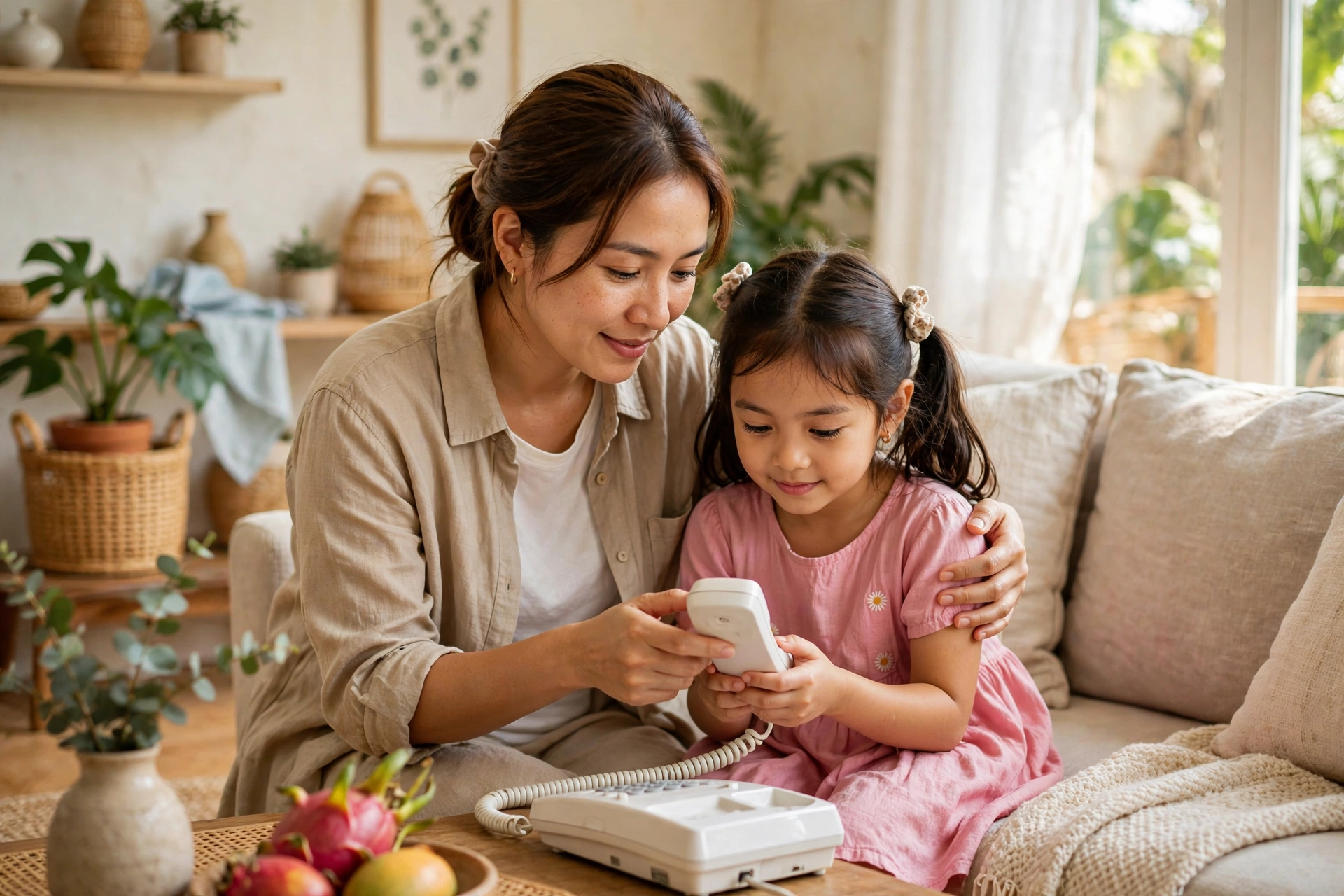 Mẹ và con gái cùng tập gọi điện thoại tại phòng khách sáng sủa