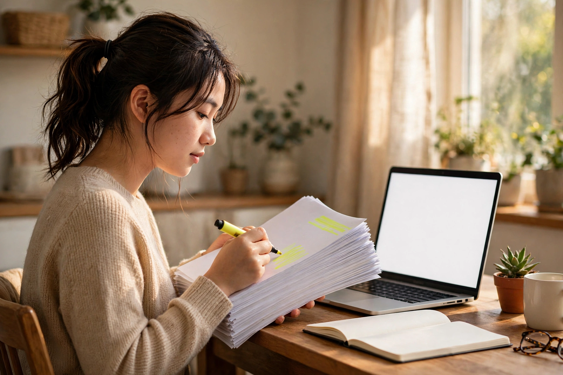 Sinh viên đánh dấu các trang tài liệu in bên cạnh laptop trên bàn làm việc